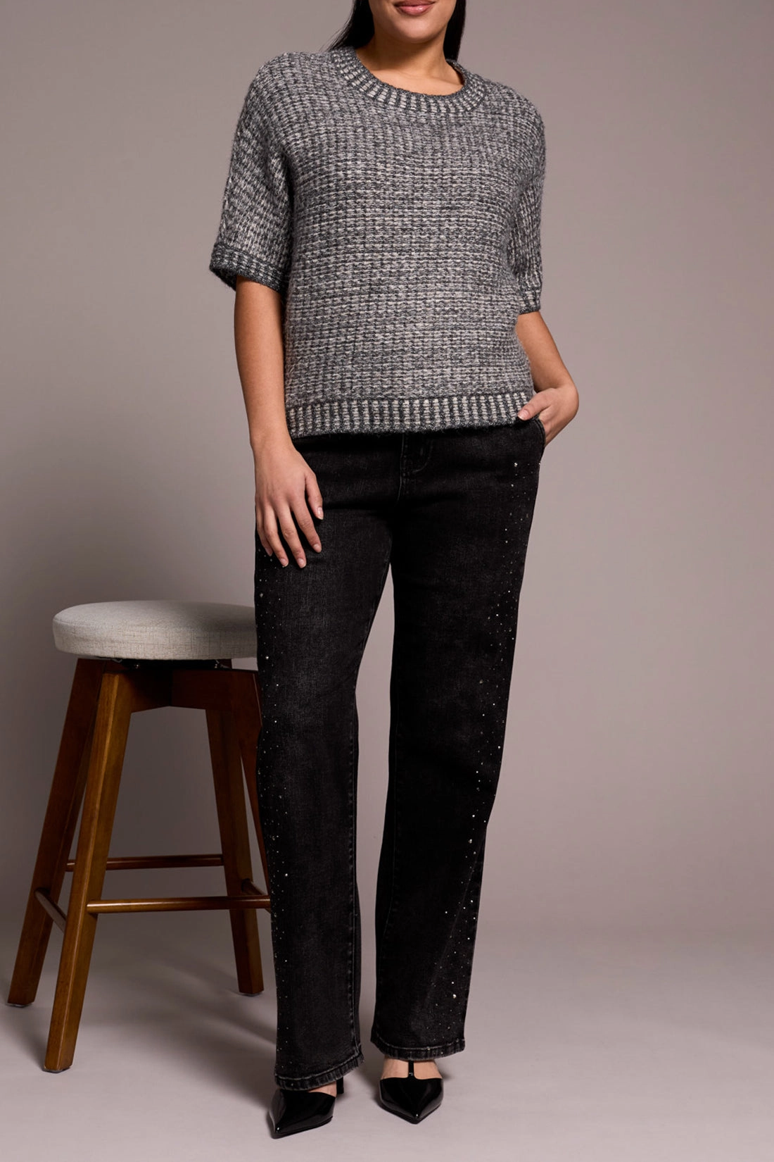 SeamFree Knitting Tribal Crew Cap Sleave Sweater in Charcoal