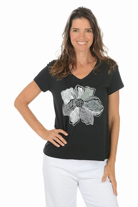 Black Decoupage Flower Cotton V-Neck Tee Thermal Insulation Core