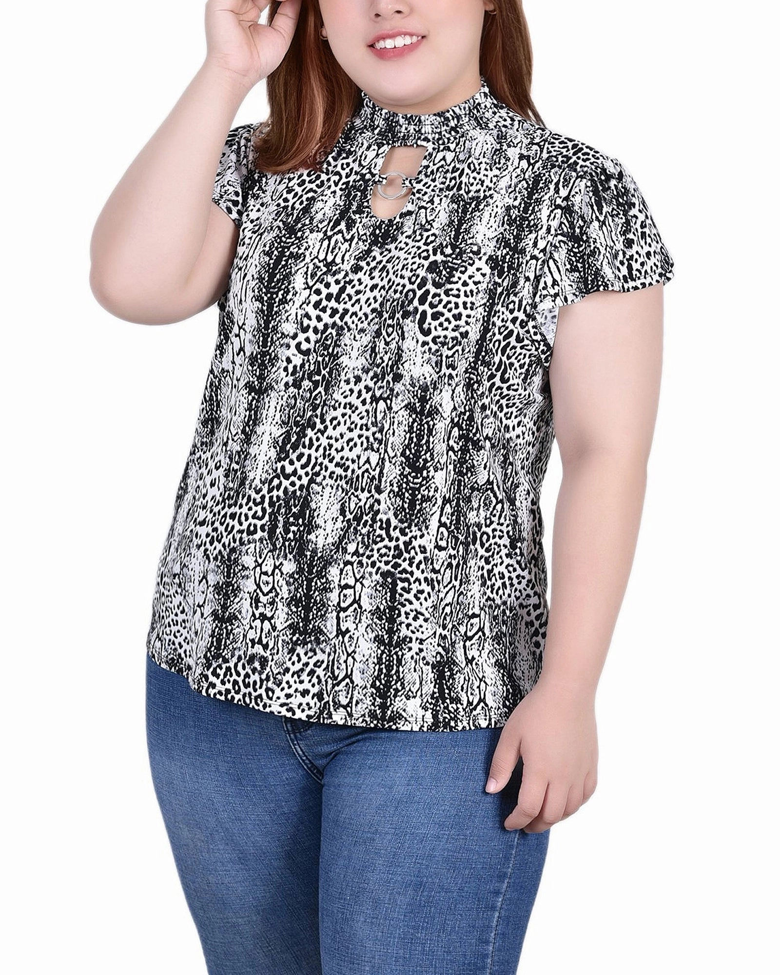 Quick Dry Performance Plus Size Short Flutter Sleeve Mock Neck Top