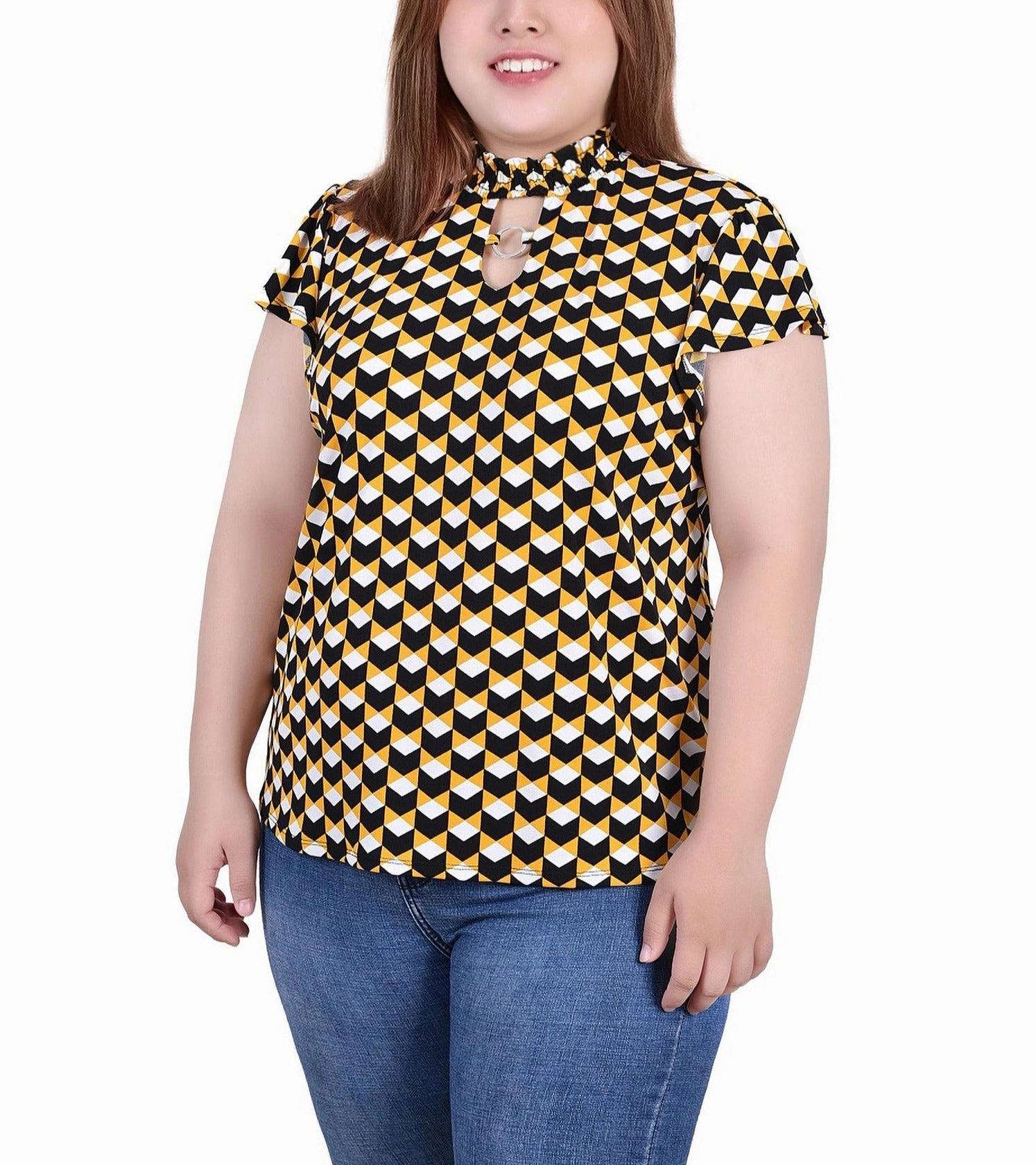 Adjustable Hem Toggles Hypoallergenic Inner Layer Plus Size Short Flutter Sleeve Mock Neck Top