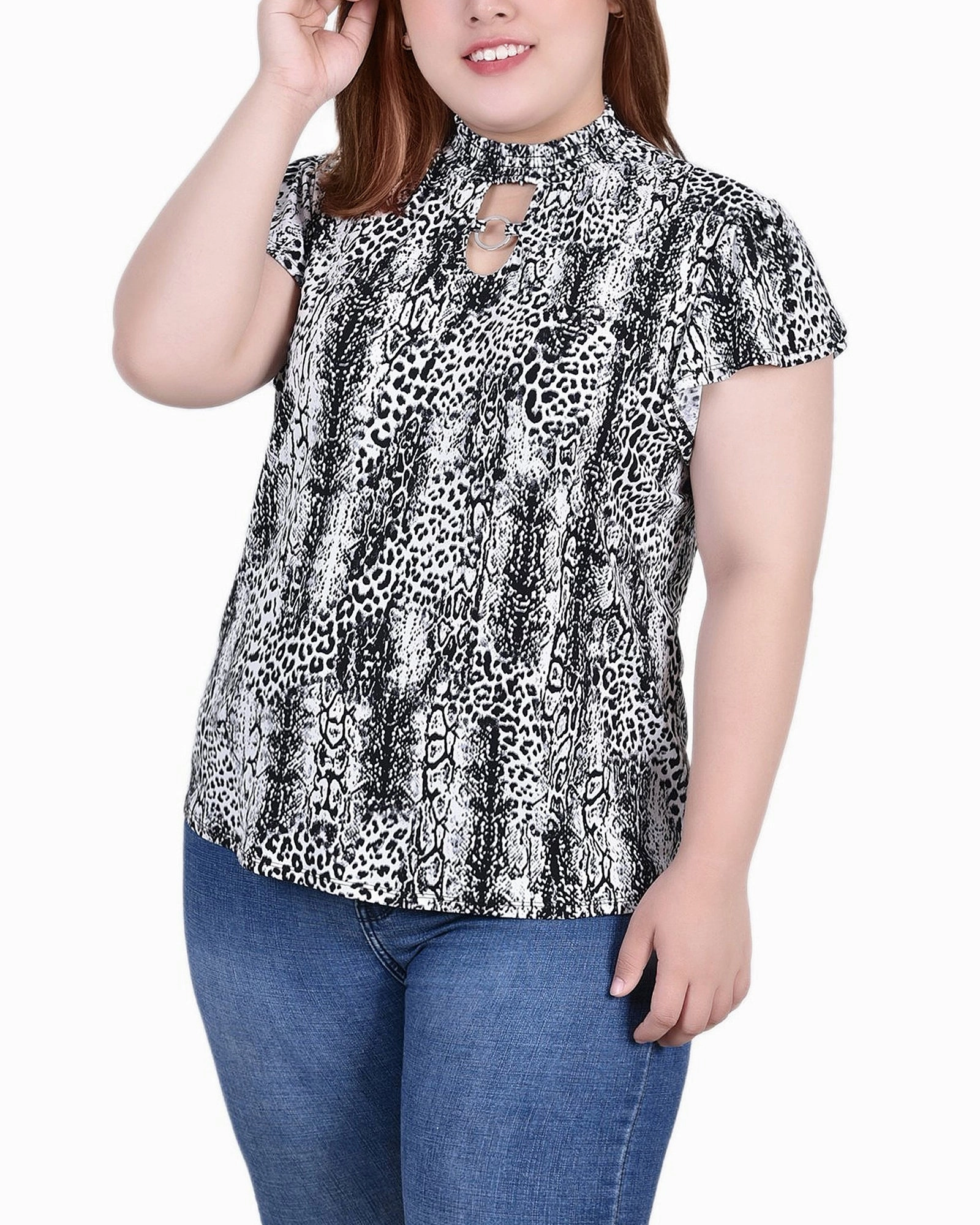FlexibleNeckline Hidden Storage Pocket Plus Size Short Flutter Sleeve Mock Neck Top