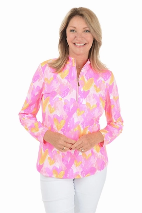 LightweightConstruction Pink Brushstroke Hearts Cooling UPF50  Mock Neck Top