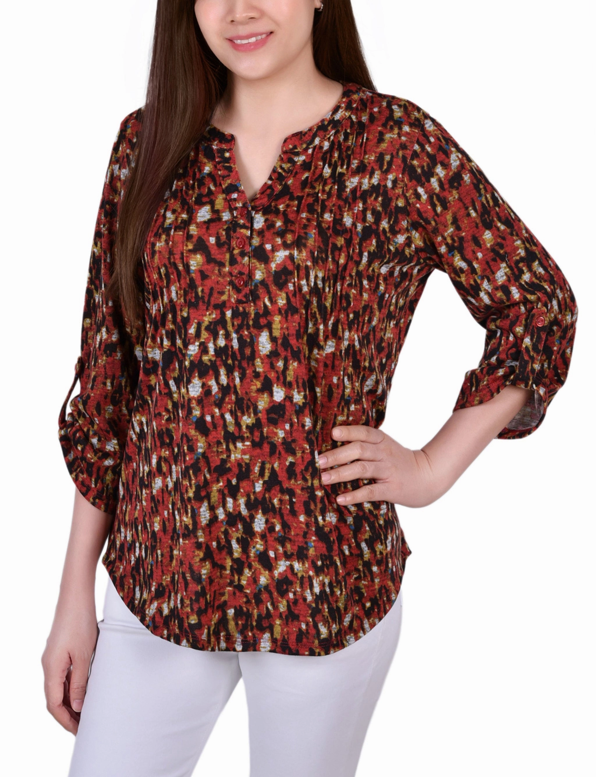 Petite 3/4 Roll Sleeve Top MoistureWickingMaterial