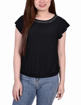 NonToxicCoating Short Flutter Sleeve Top With Studded Neckline