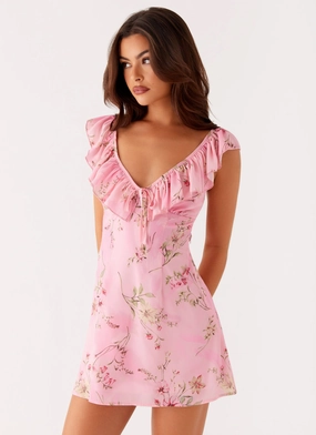 Flowy summer gown Adrina Ruffle Mini Dress - Pink Floral Print
