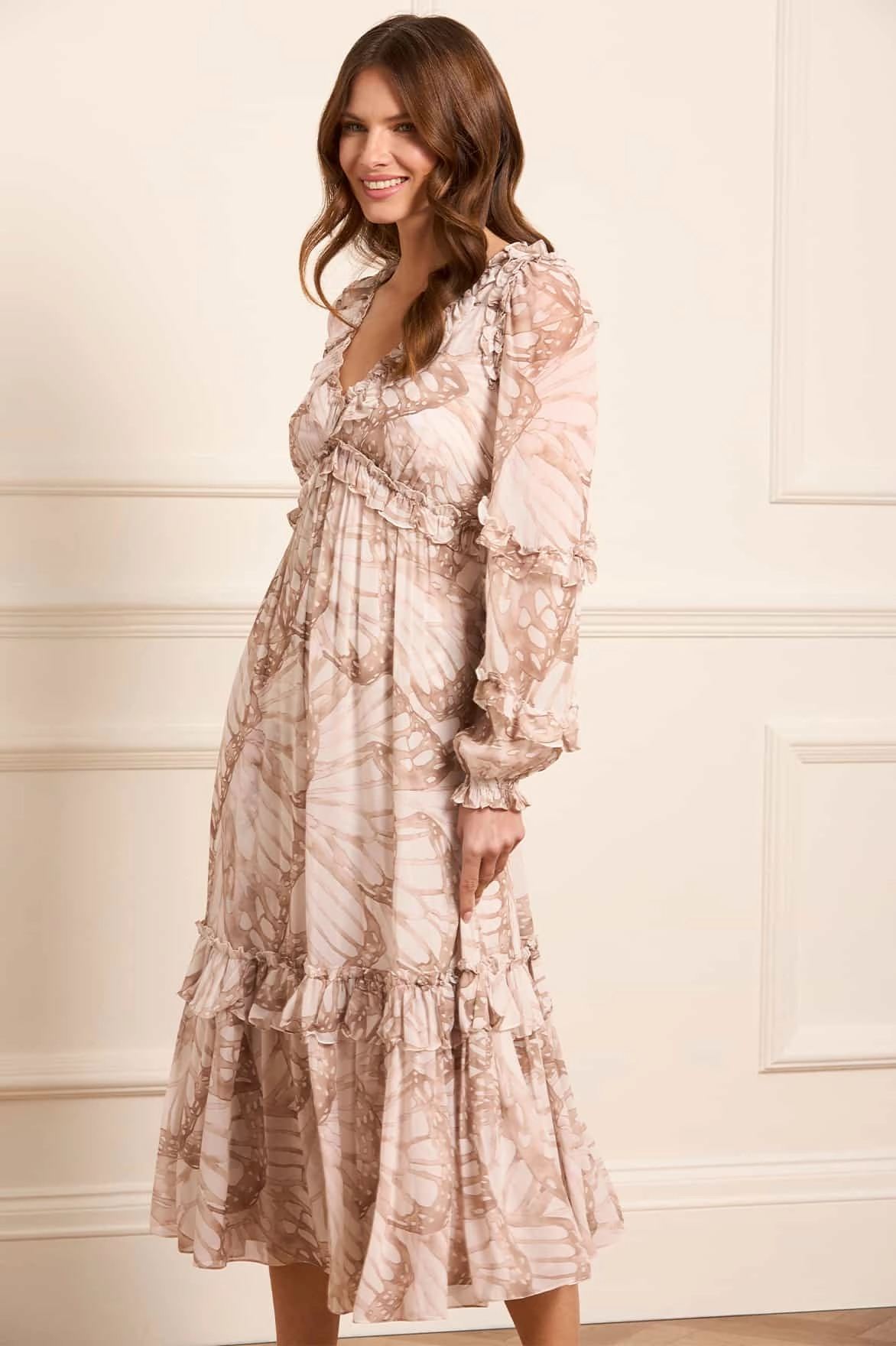 Flutter Chiffon Long Sleeve Ballerina Dress Side-Slit Lounge Comfort