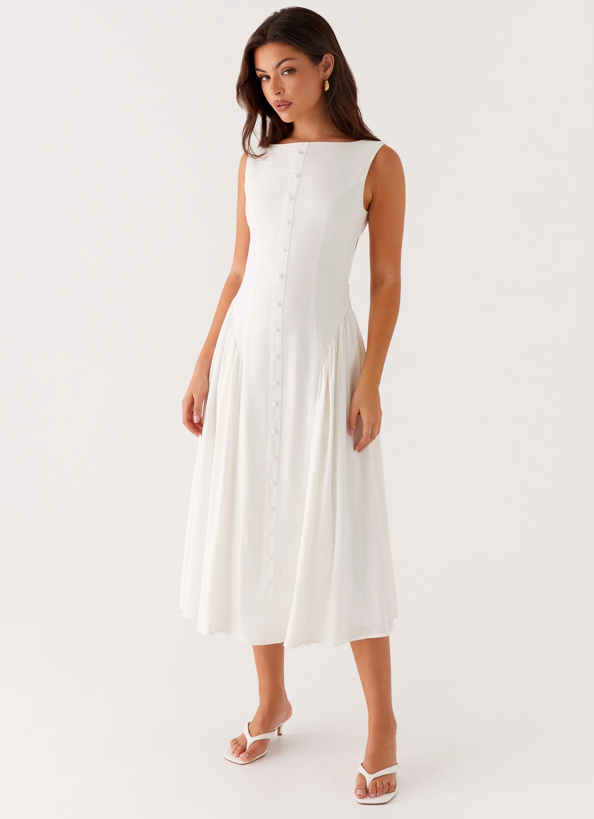 Maylah Midi Dress - White Stylish Waistband
