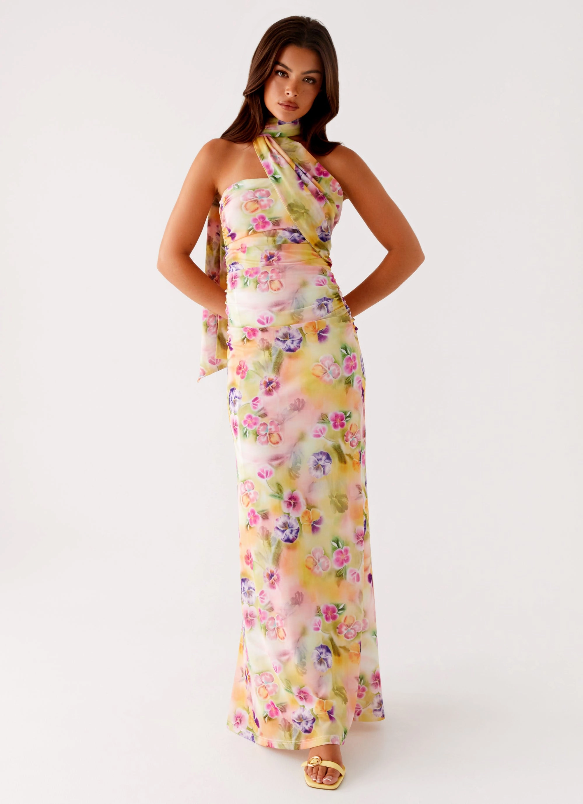 Songbird Maxi Dress - Sunburst Floral Chain-Detail Shared Glow
