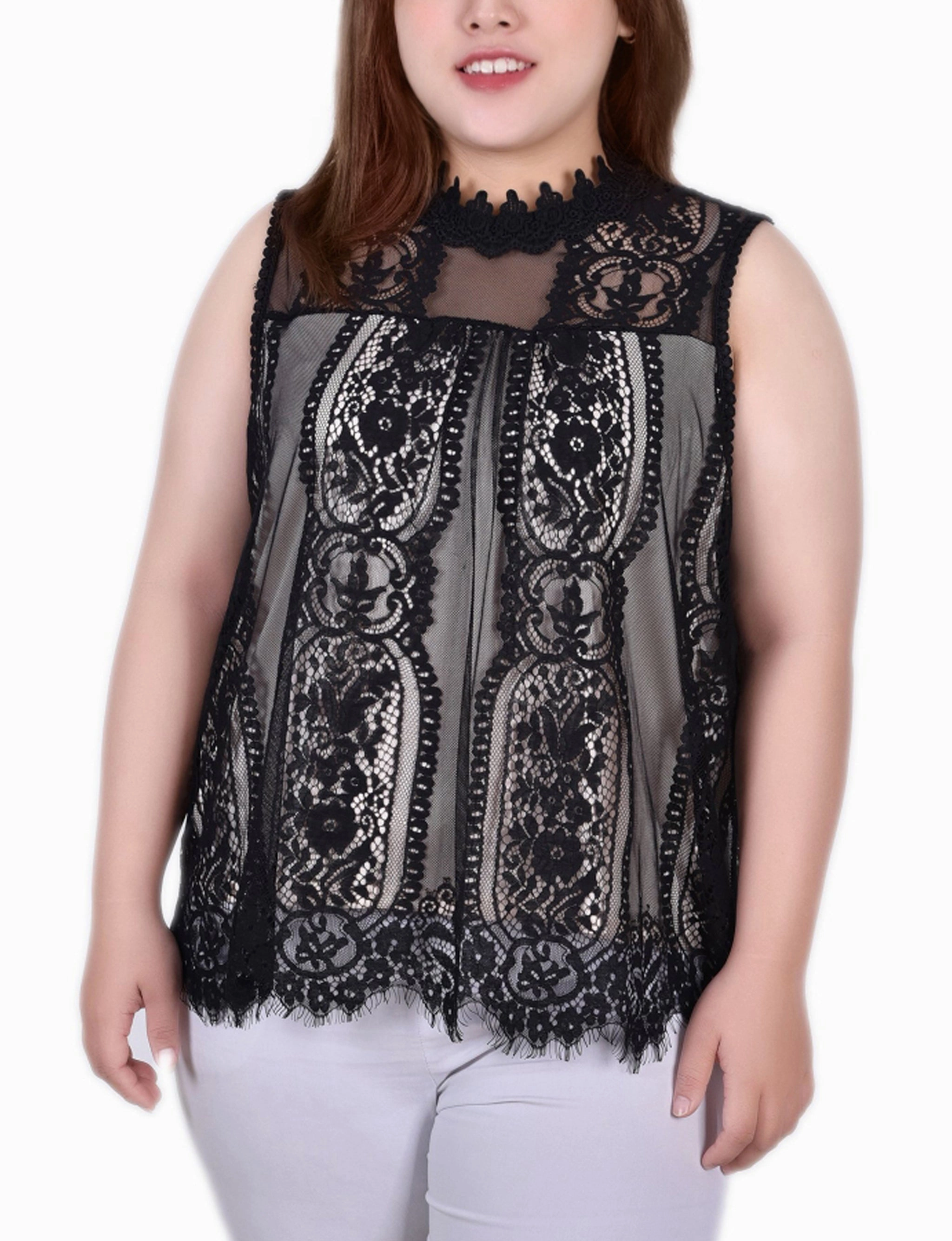 Plus Size Sleeveless Mock Neck Lace Top Architectural Tailoring Low Profile Collar