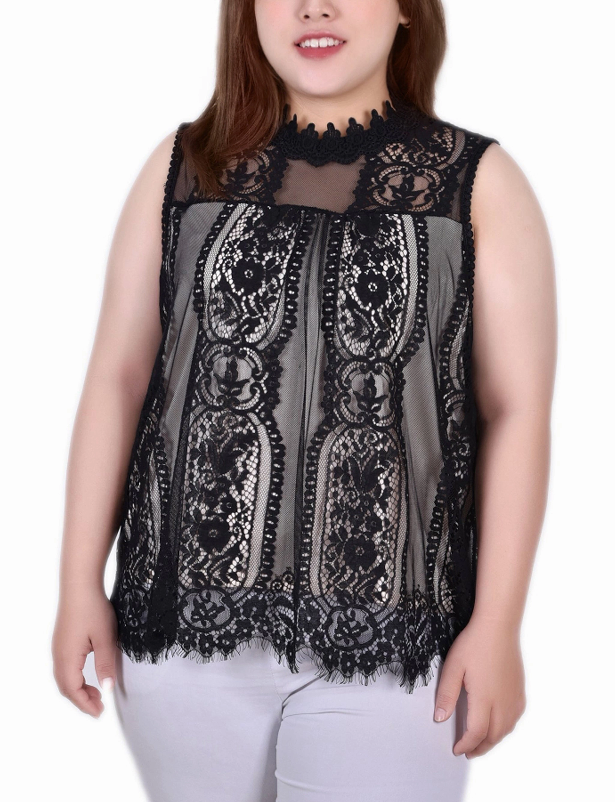 Plus Size Sleeveless Mock Neck Lace Top Non Chafing Edges