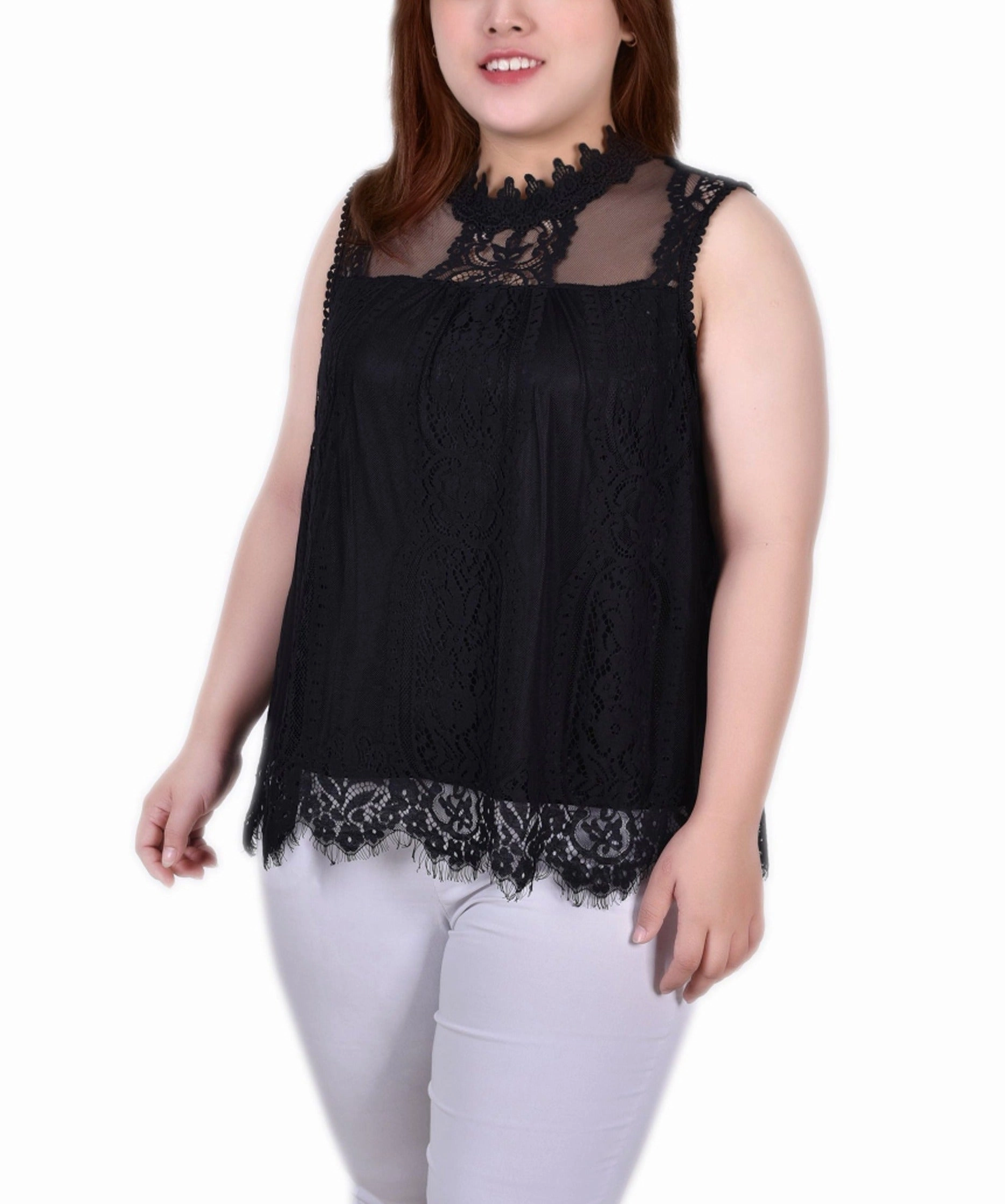 Long Sleeve Polo Plus Size Sleeveless Mock Neck Lace Top