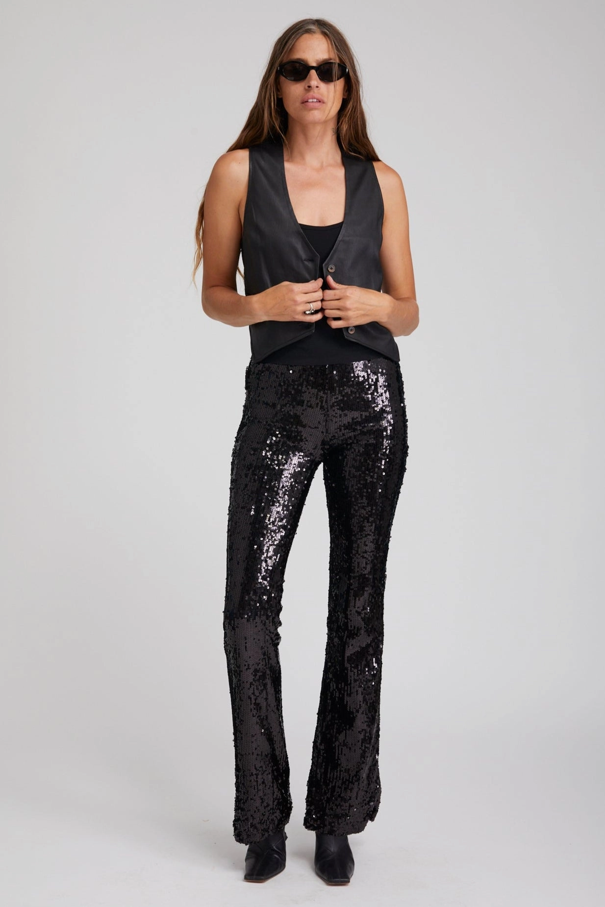 Black Leather Vest Layered Placket Design