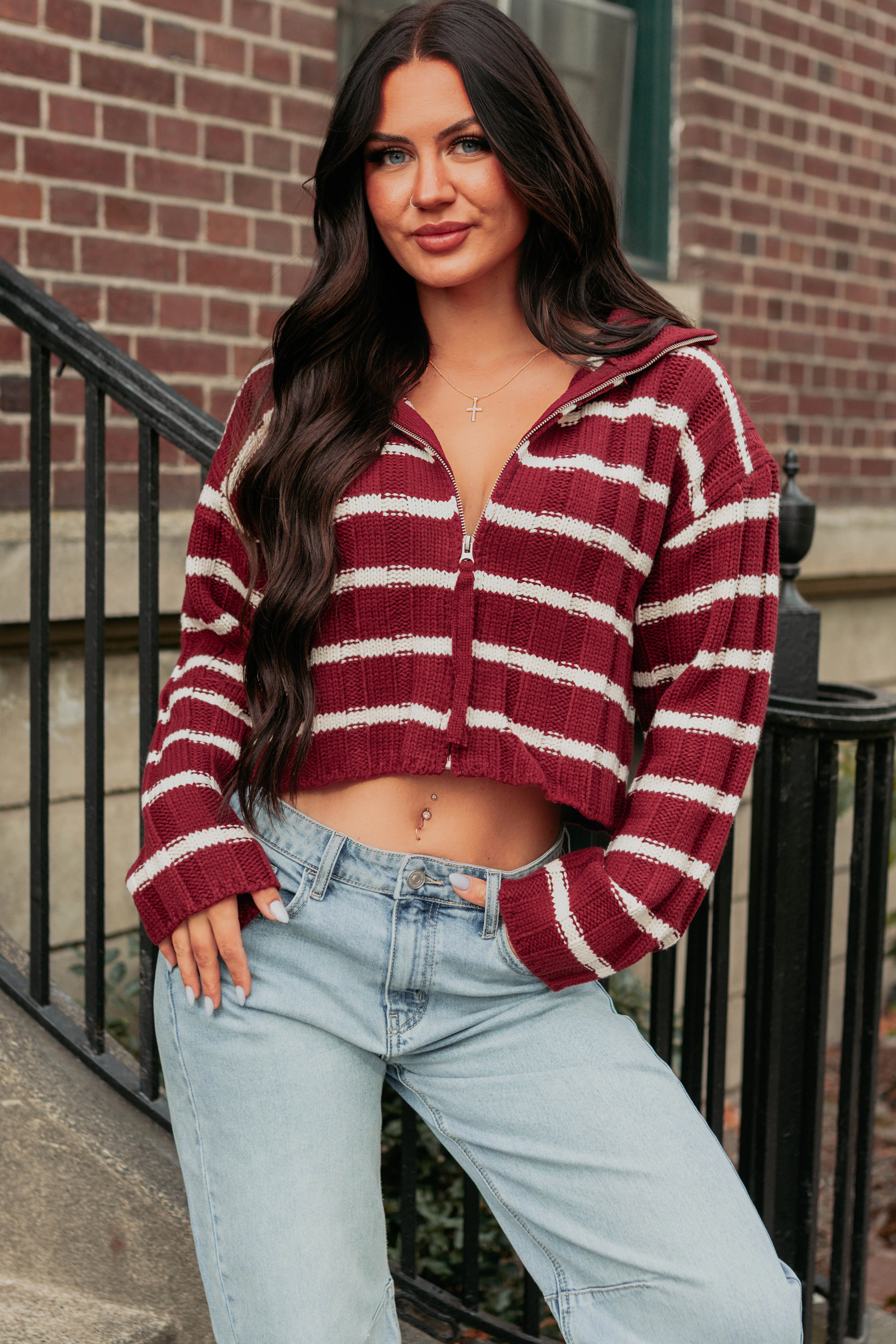 Everyday Look Reinforced Neckline Detail Calm Assurance Striped Zip-Up Sweater Jacket (Wine)
