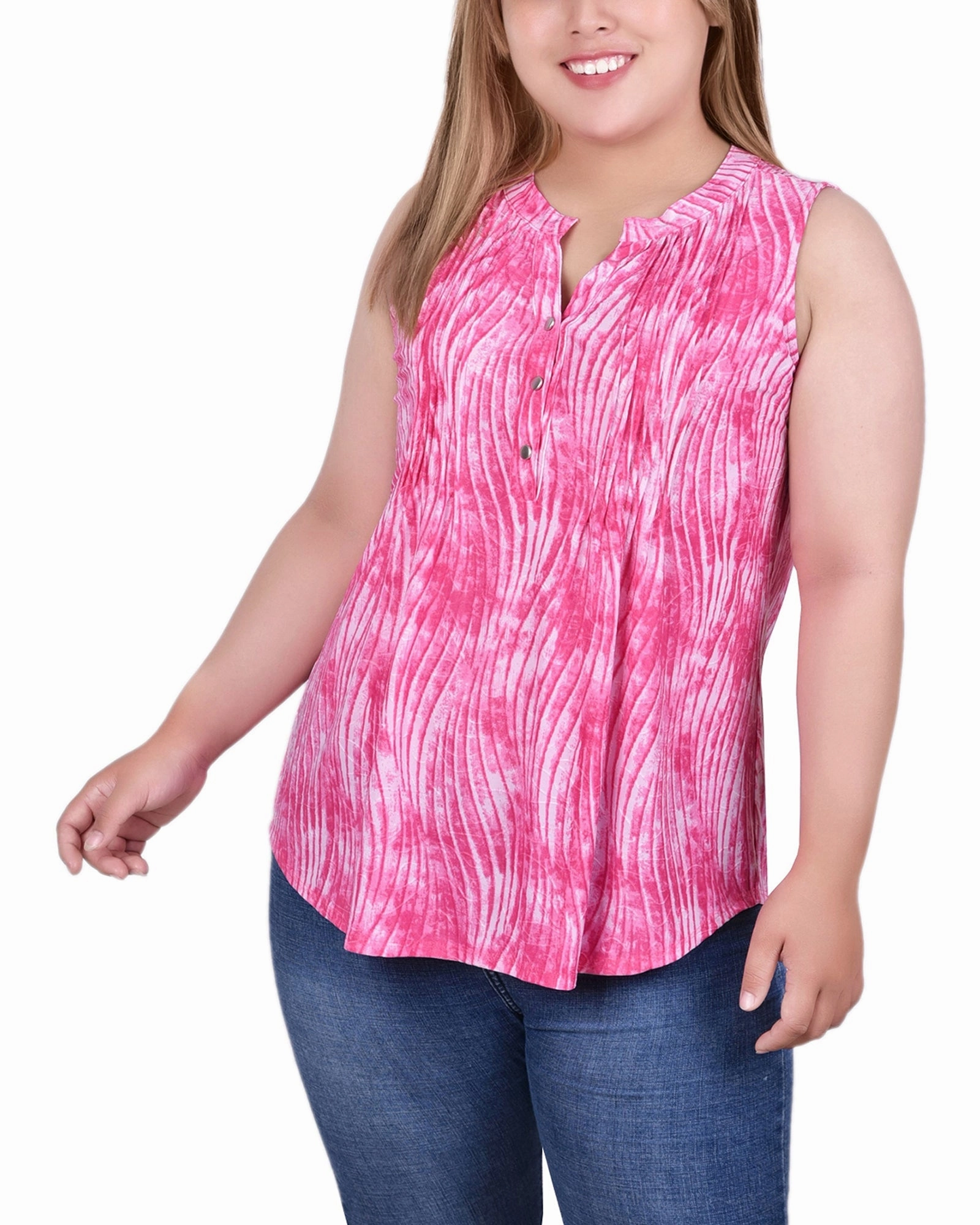 Plus Size Sleeveless Jacquard Y Neck Top StretchFit Ventilated Panels