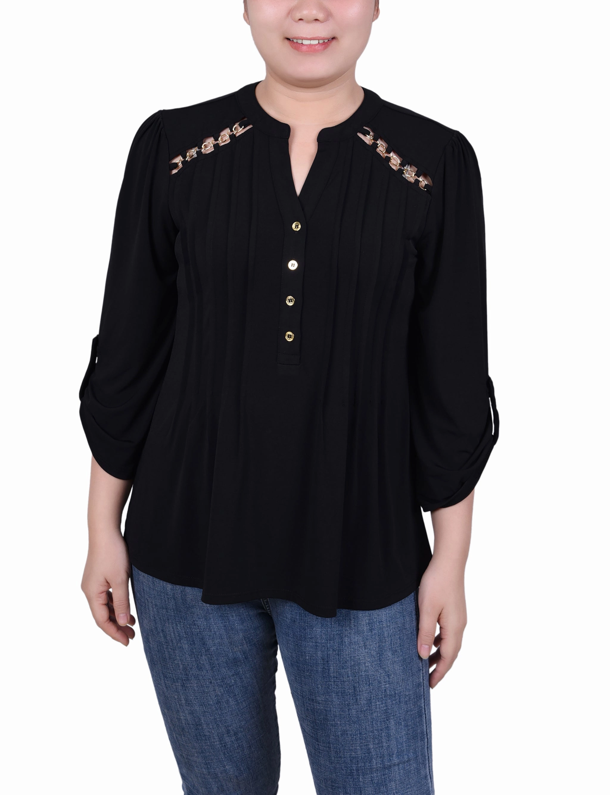 TemperatureRegulatingLining Reflective Trim Details Petite Long Sleeve Pintuck Front Top With Chain Details