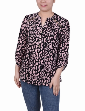 Petite Long Sleeve Pintuck Front Top With Chain Details Ventilated Back Panel