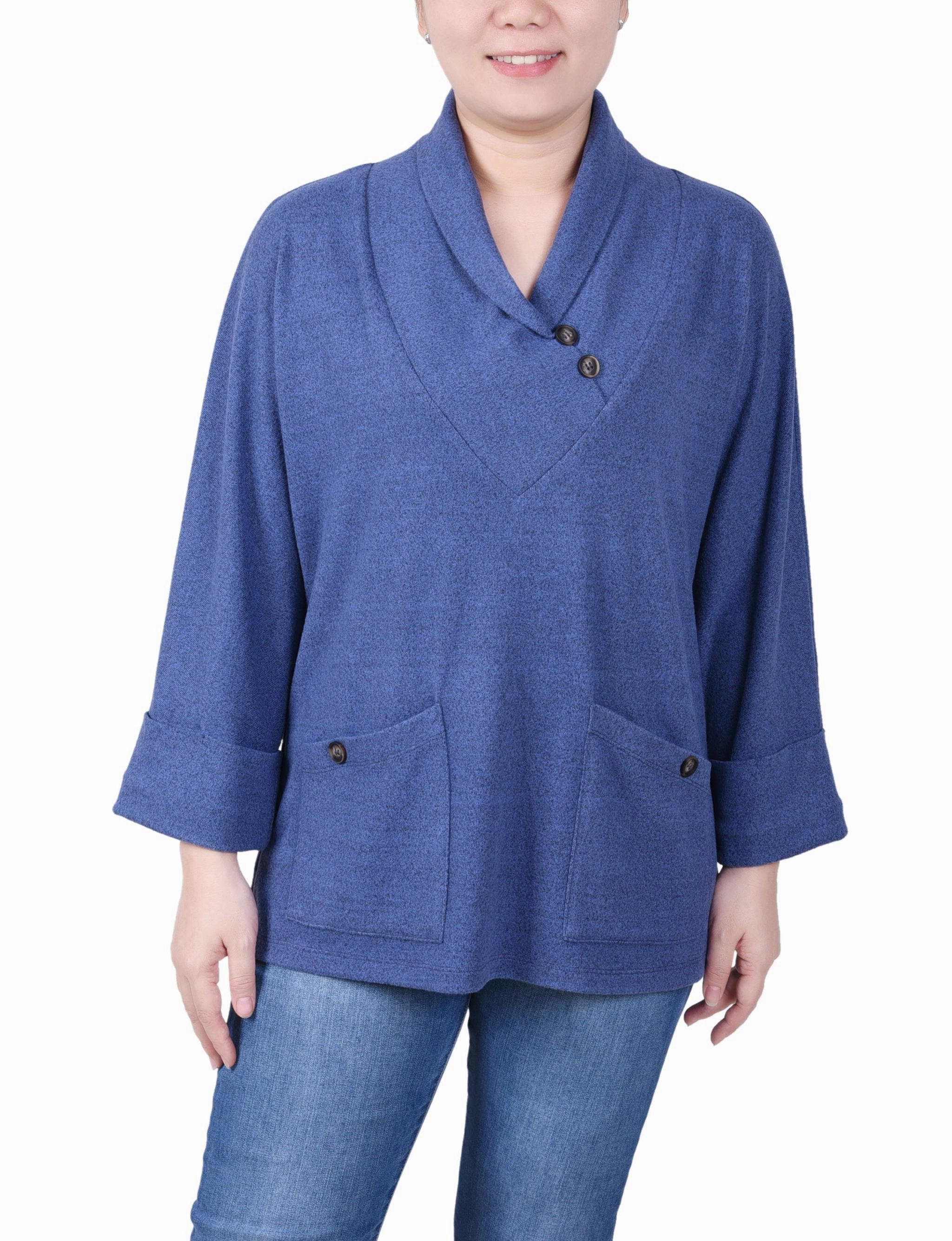 Petite Long Sleeve Shawl Collar Top With Pockets LowMaintenance