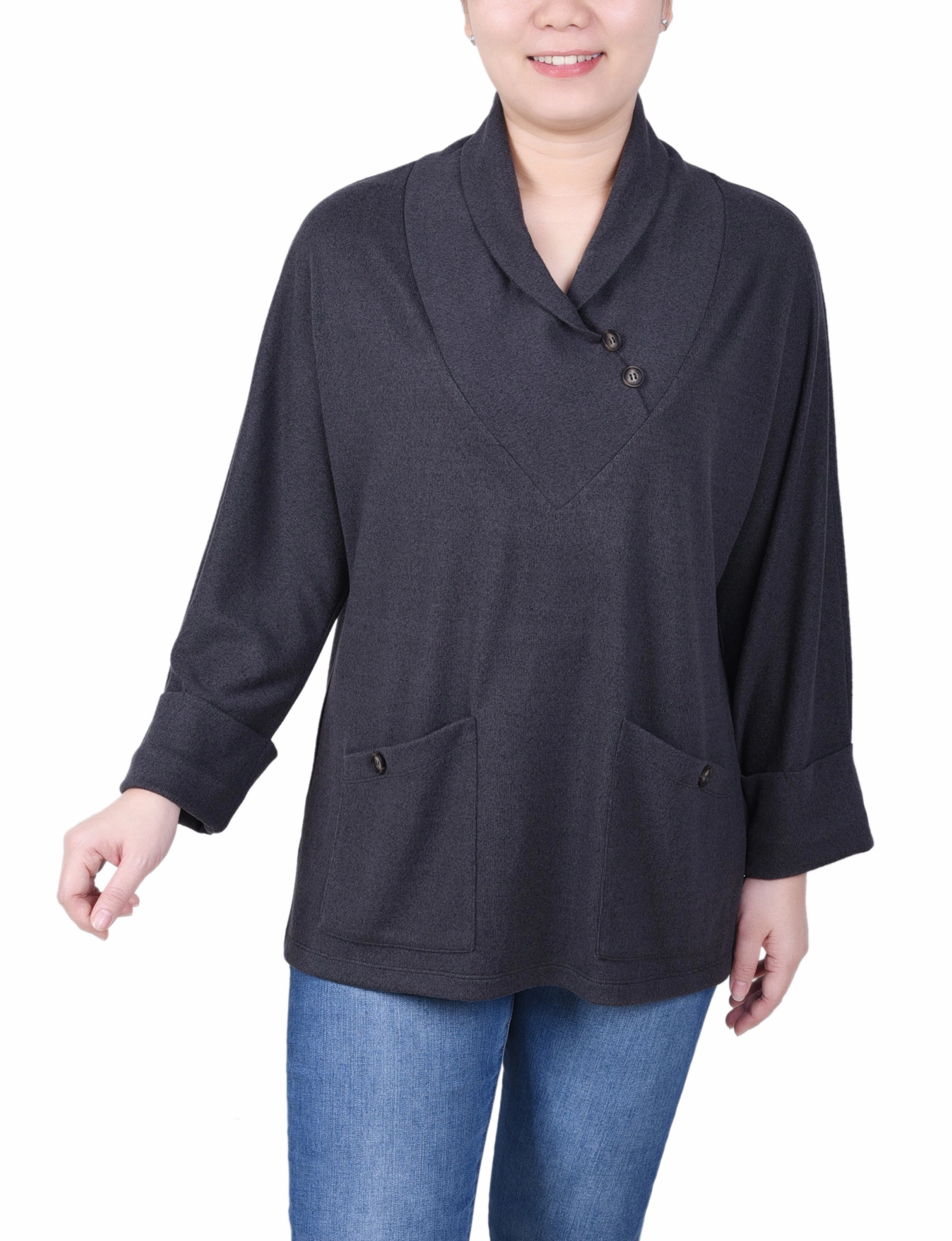HighNeckCut Petite Long Sleeve Shawl Collar Top With Pockets