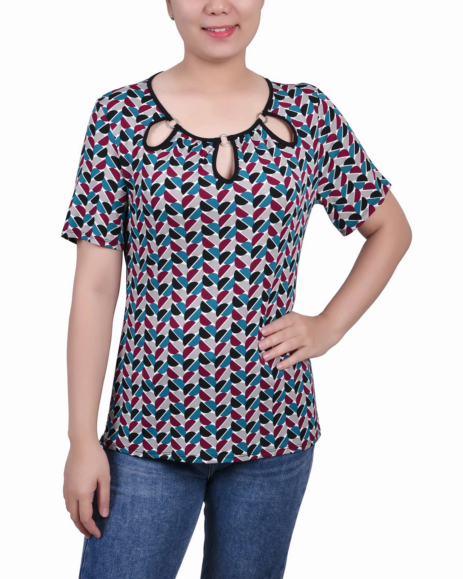 Petite Short Sleeve Top With Ring Details Mesh Lining DualLayer Weave