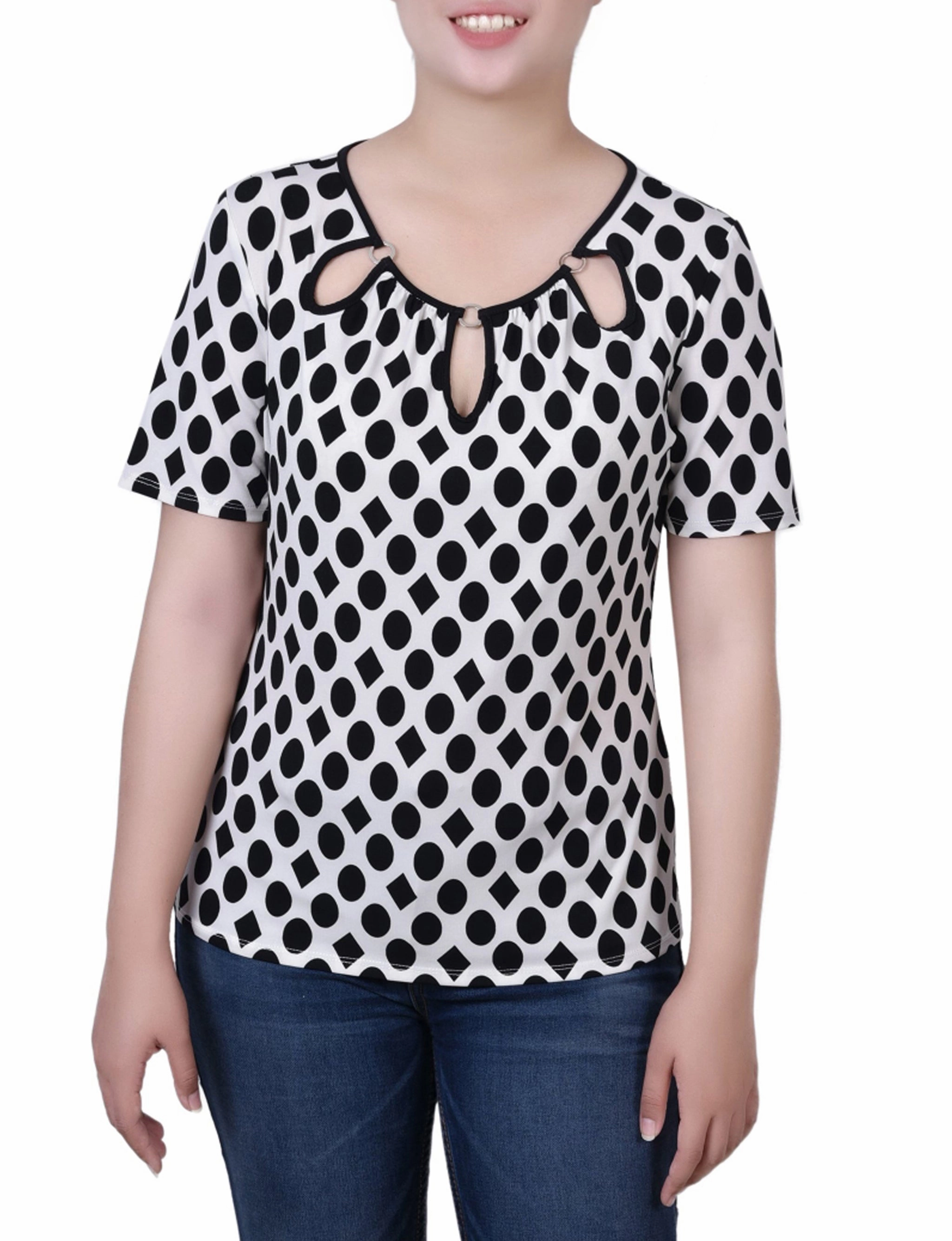 Petite Short Sleeve Top With Ring Details Resilient Fabric Blend EcoFriendlyBlend