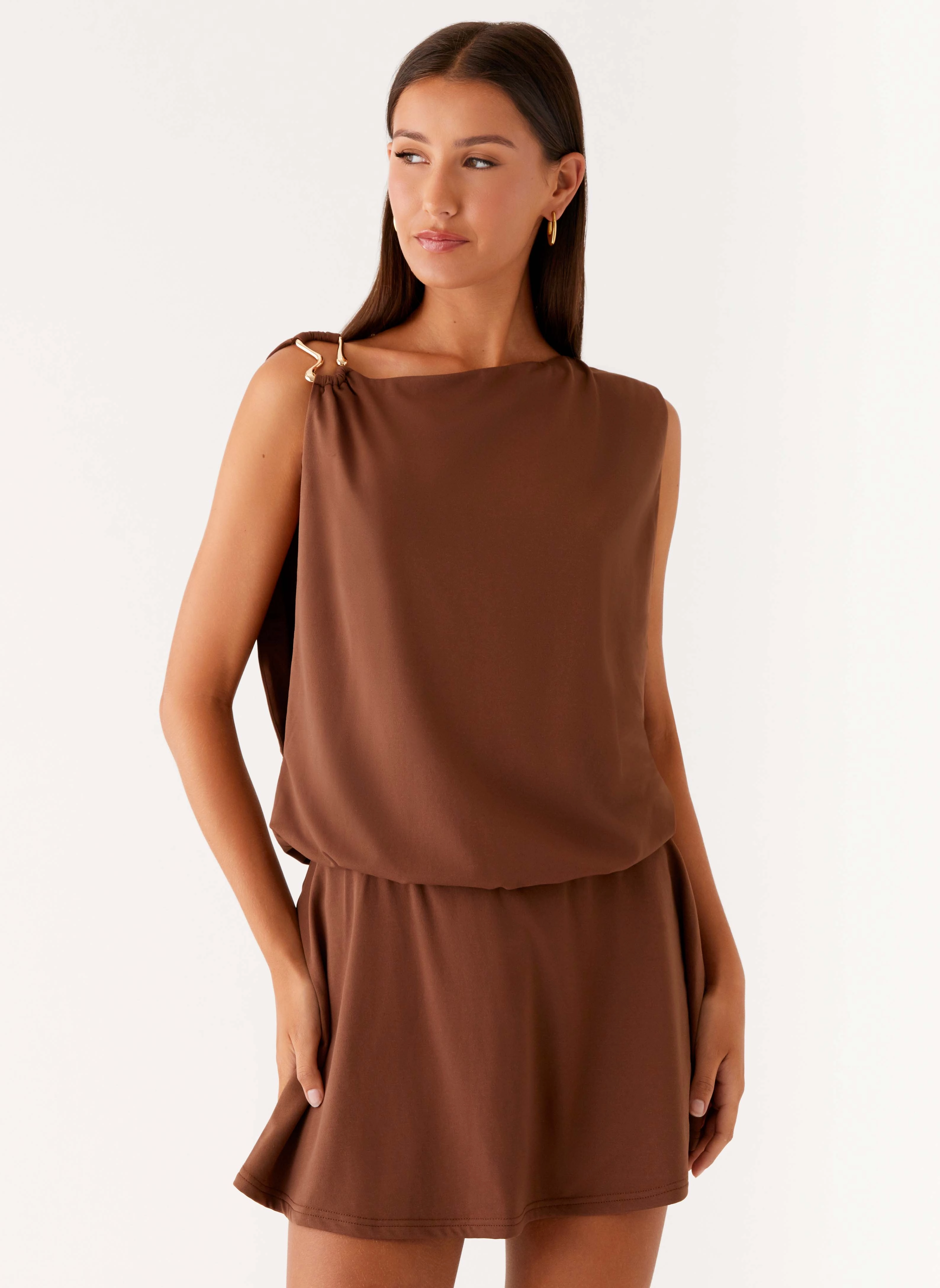 Ala Mini Dress - Chocolate Raglan-Sleeve Silk Air