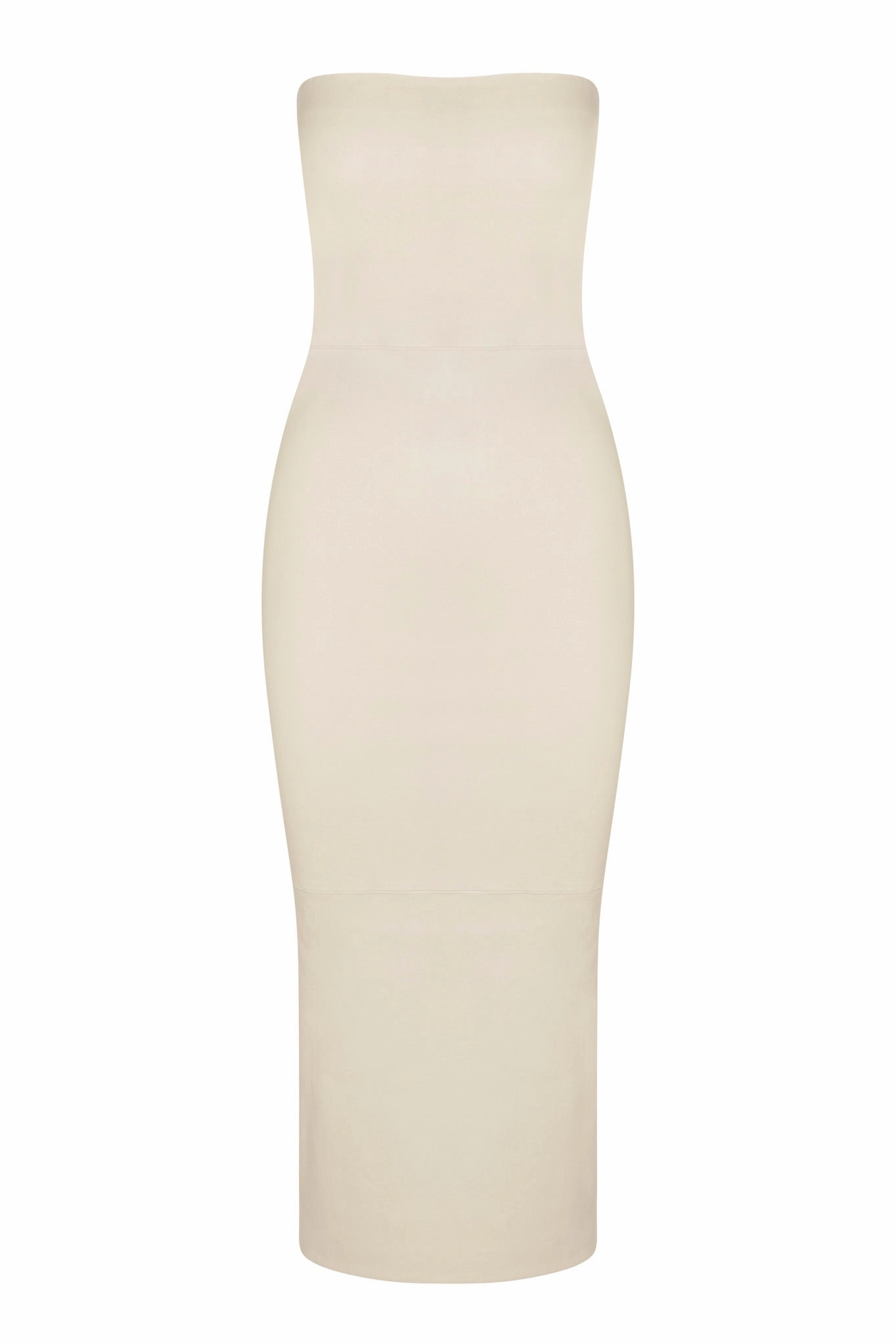 High Neck Bishop-Sleeve Alabaster Leather Tube Dress