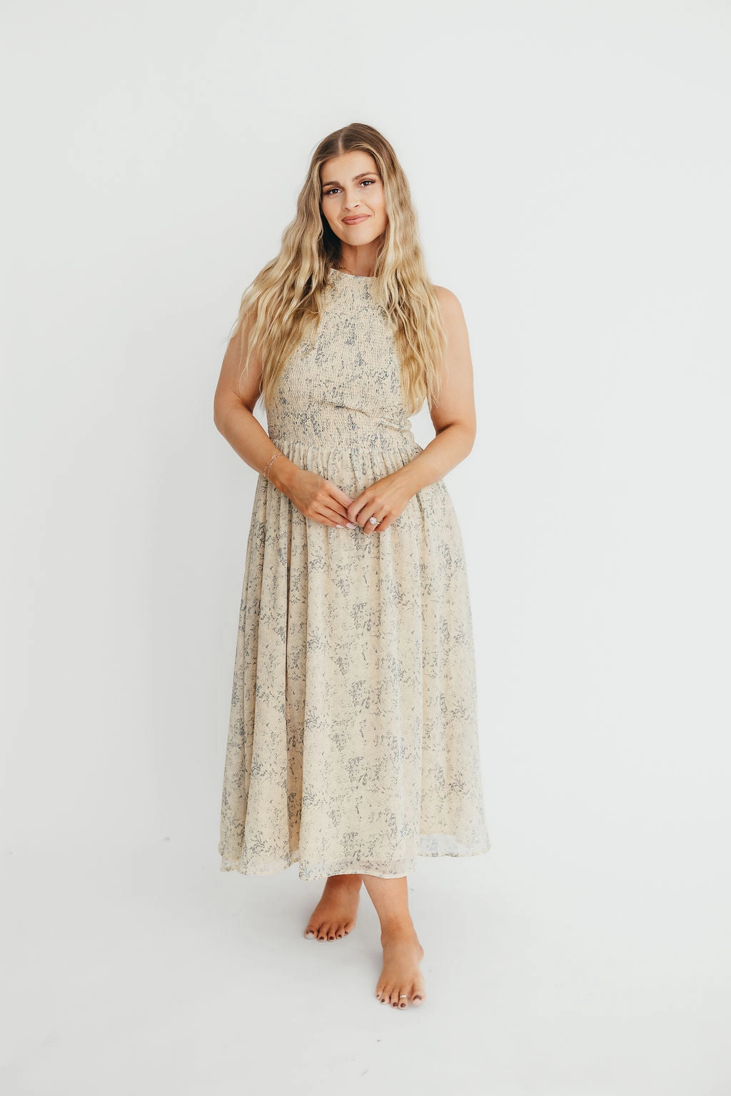 Contemporary Vibe Bare Glow Alaina Floral Print Smocked Midi Dress in Blue Multi * Final-Sale *