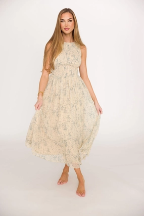 Alaina Floral Print Smocked Midi Dress in Blue Multi * Final-Sale * Chilly Comfort Trendy midi dress