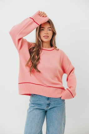 Quick-Dry Fabric Odor Control Technology Alessia Contrast Detail Drop Shoulder Sweater in Pink/Red