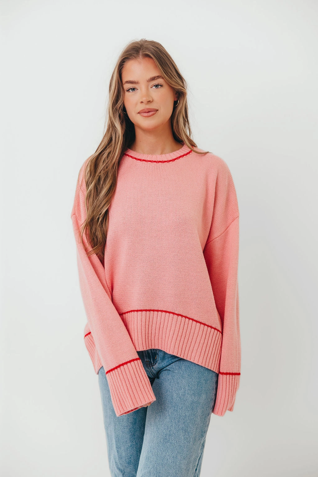 Alessia Contrast Detail Drop Shoulder Sweater in Pink/Red SmoothZipper EcoFriendlyDye