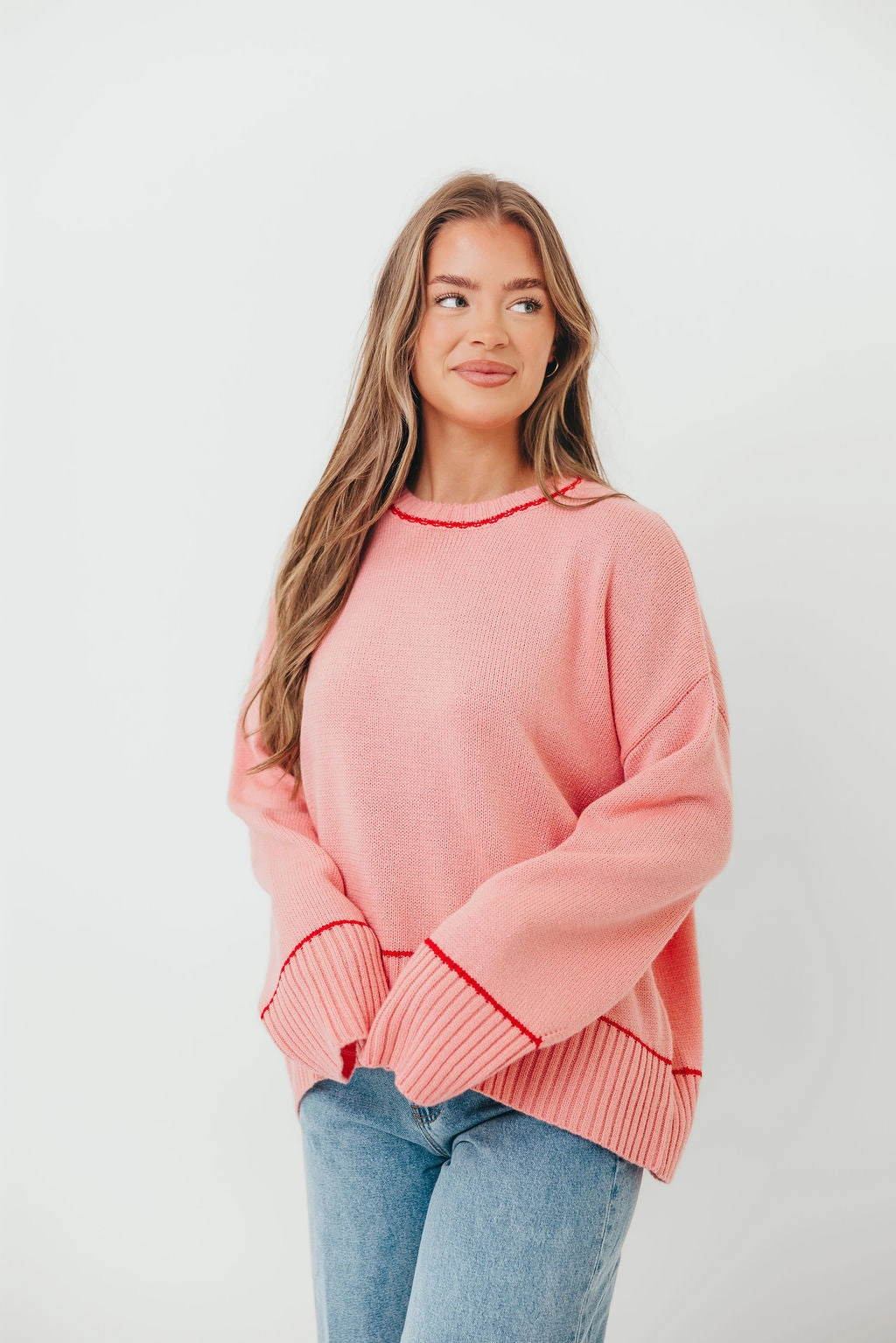 Casual Style Durable Double Stitching Alessia Contrast Detail Drop Shoulder Sweater in Pink/Red