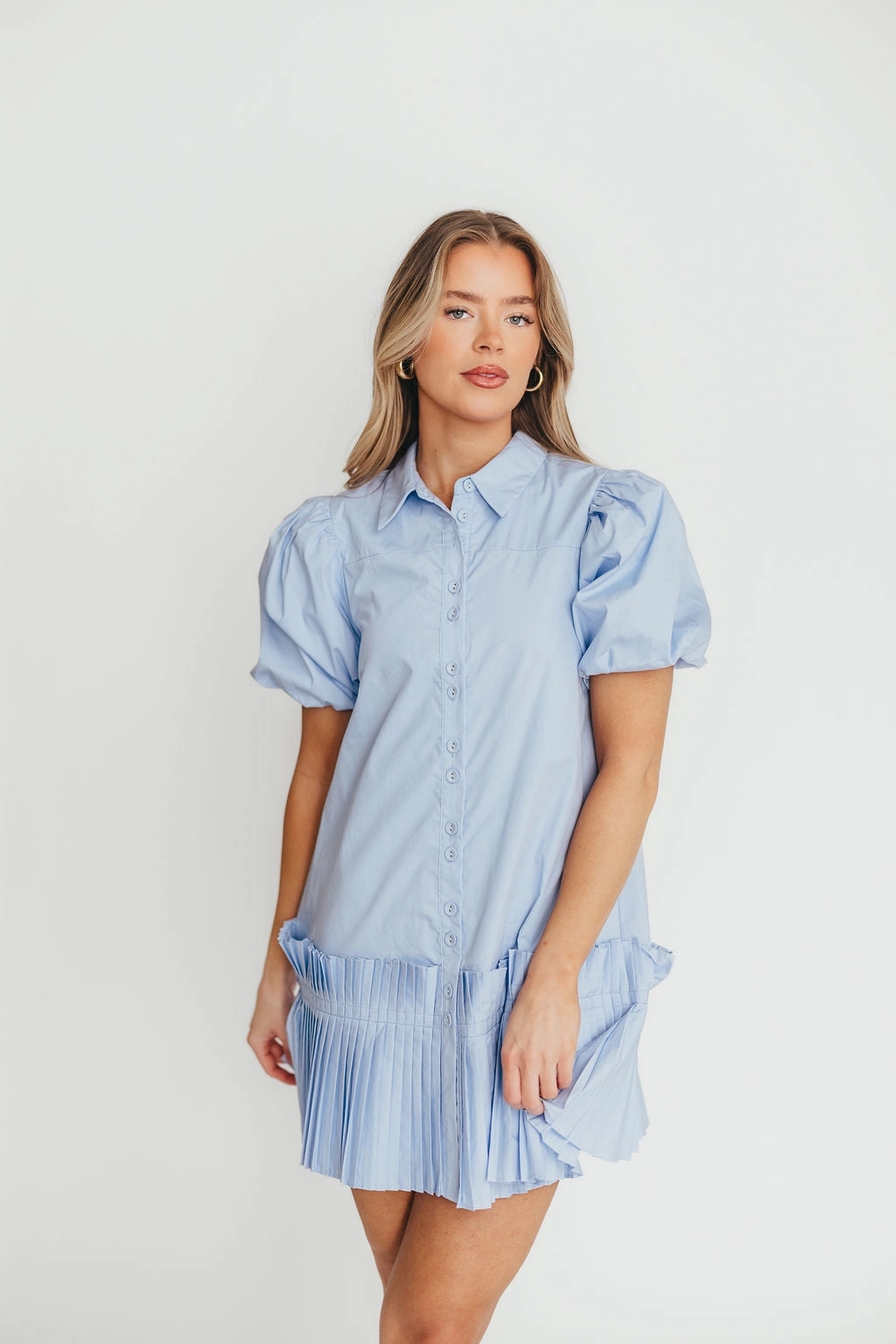 Alicia Pleated Hem Mini Dress in Powder Blue *Final-Sale* Minimal Design