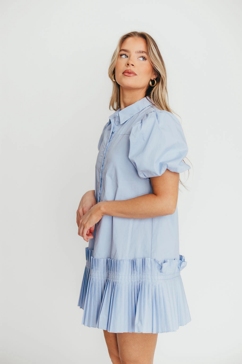 Alicia Pleated Hem Mini Dress in Powder Blue *Final-Sale* WrinkleResistantFinish