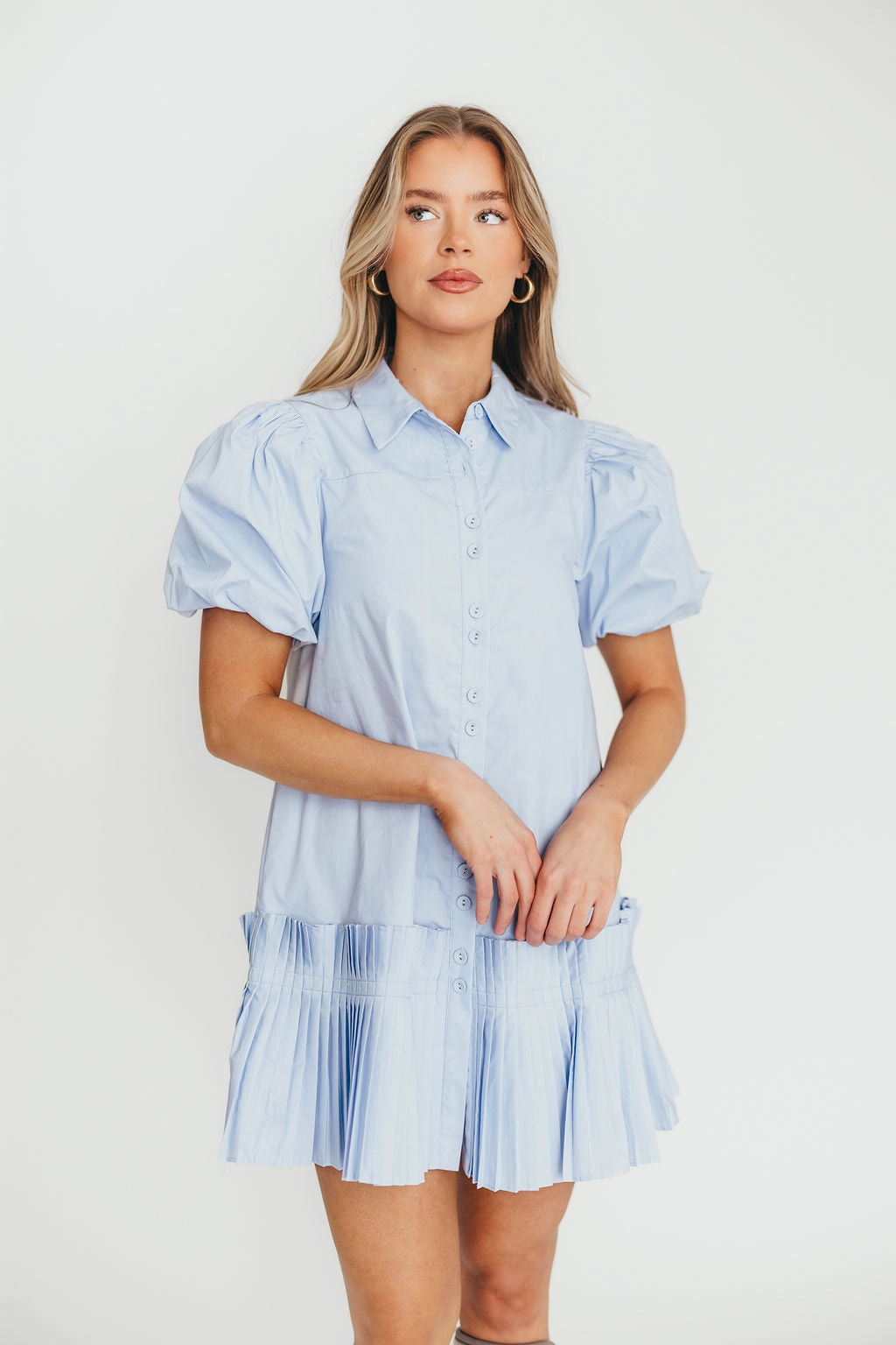 Alicia Pleated Hem Mini Dress in Powder Blue *Final-Sale* Everyday Layers Comfy and Elegant