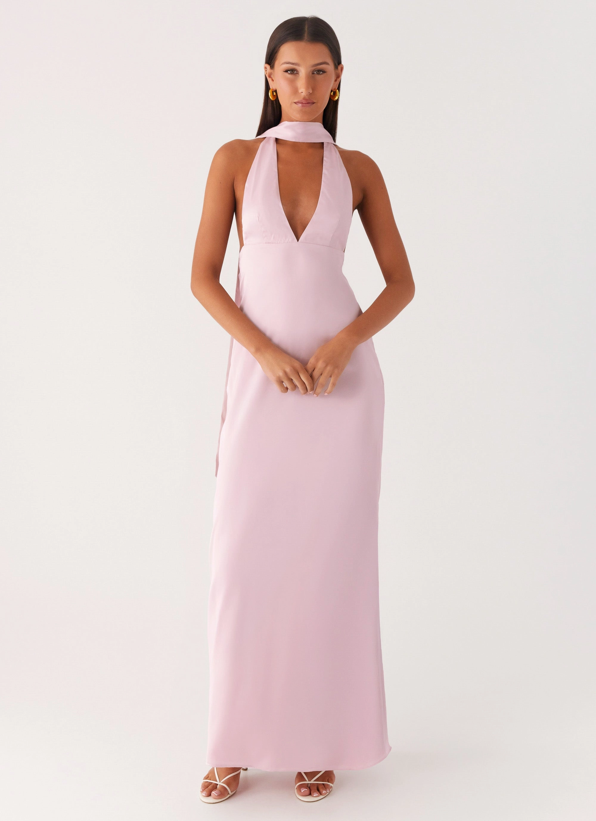 Alicia Satin Halter Maxi Dress - Baby Pink Edge Shape Feminine Mood