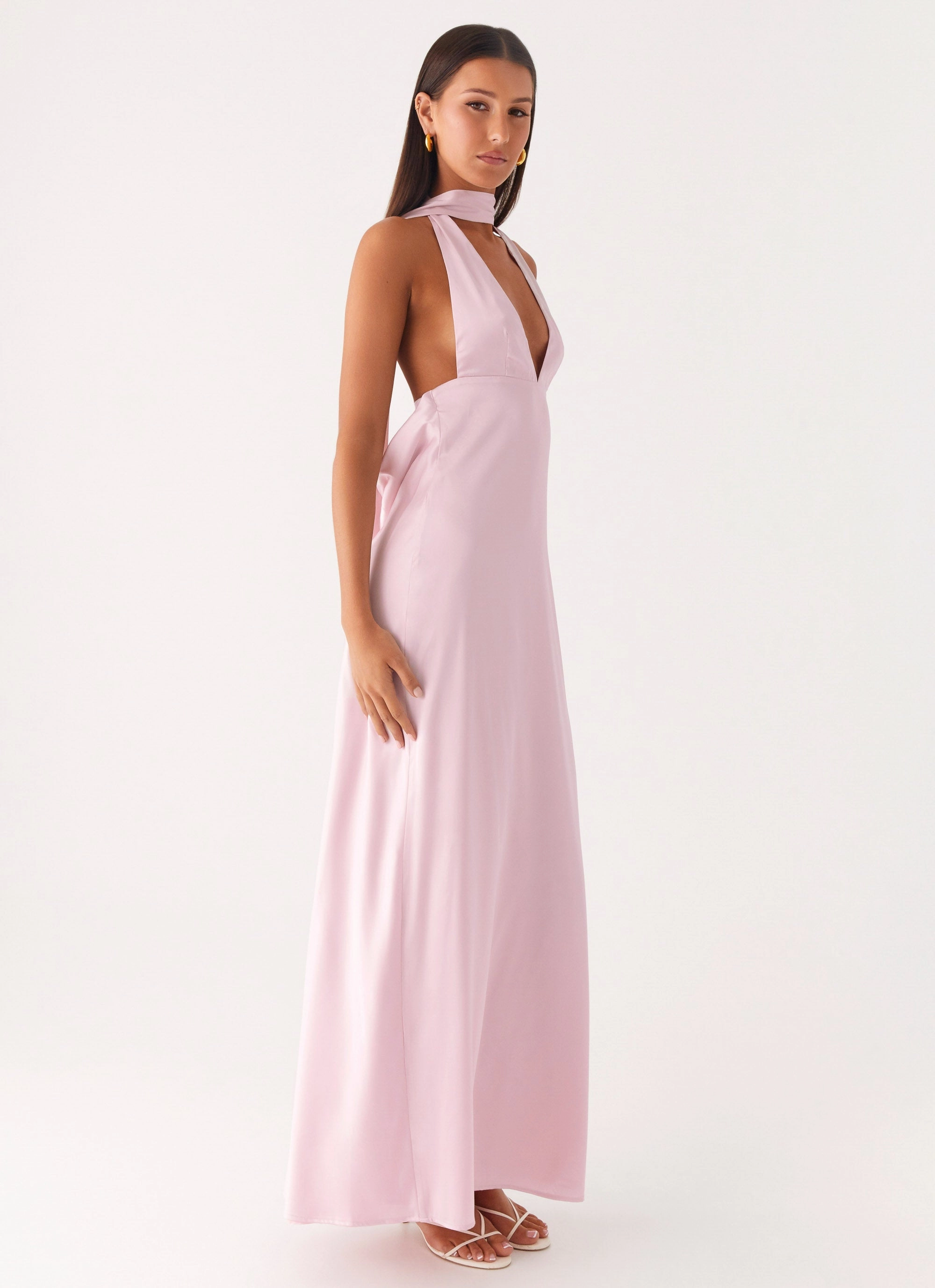 Sleek Waistband Beachwear Alicia Satin Halter Maxi Dress - Baby Pink