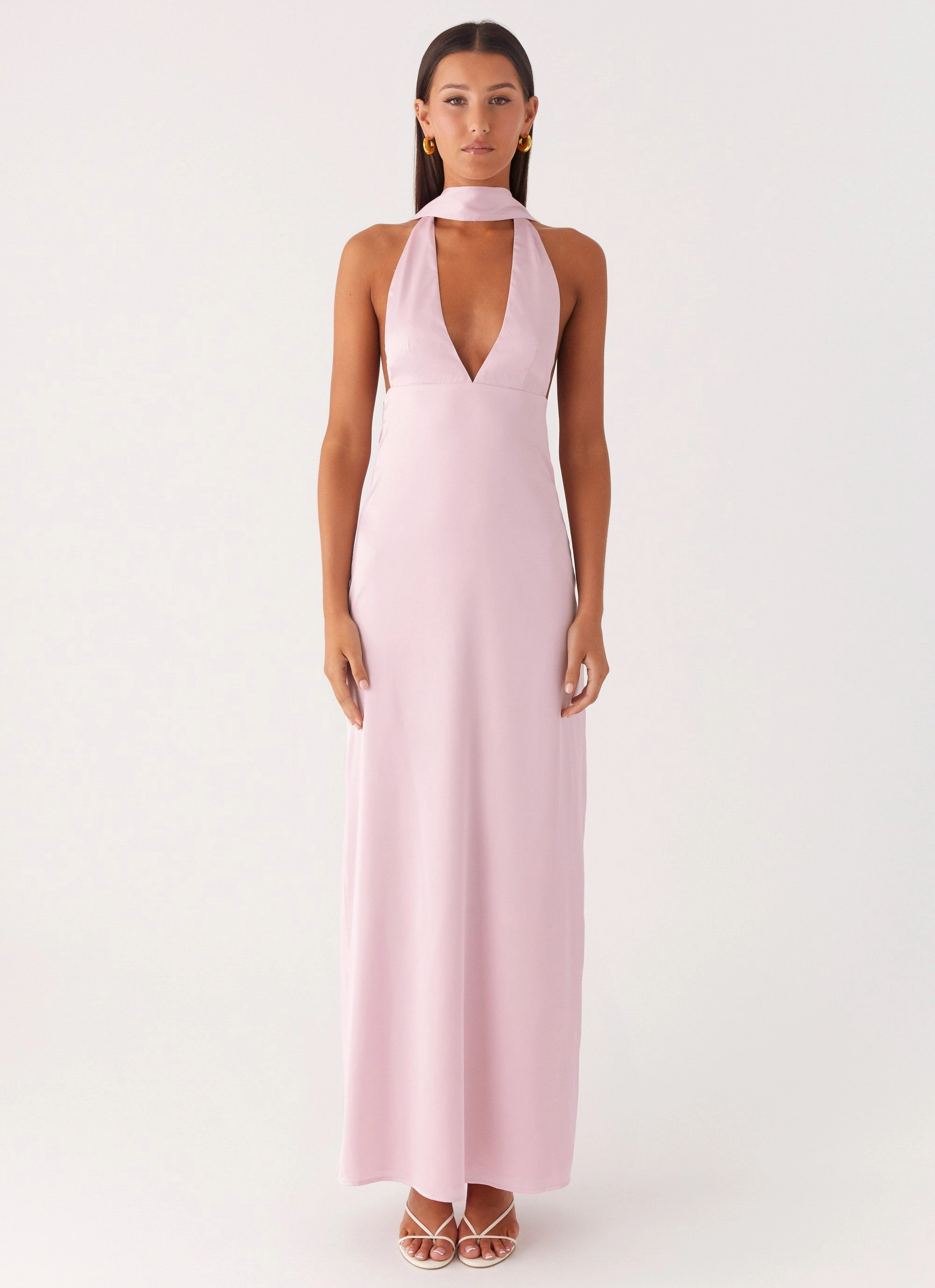 Timeless Design Alicia Satin Halter Maxi Dress - Baby Pink