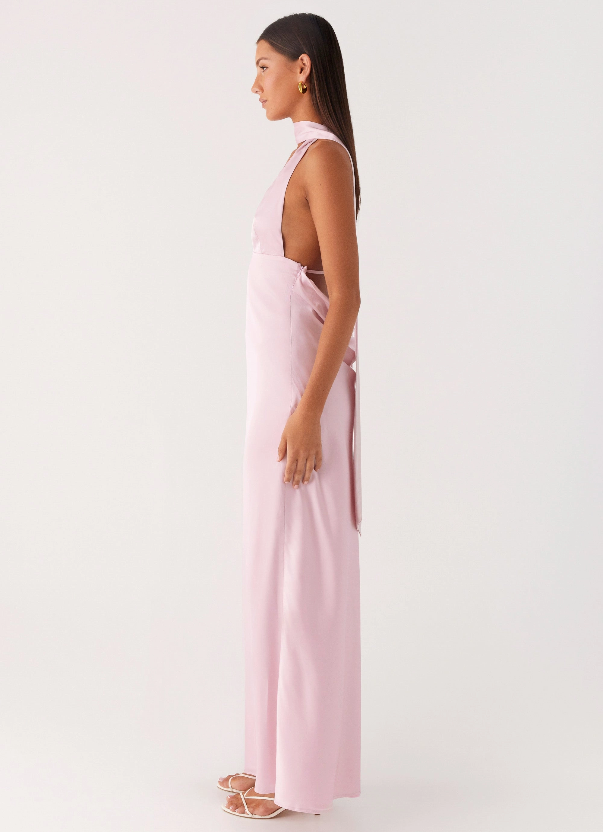 Alicia Satin Halter Maxi Dress - Baby Pink Lounge Mood Earthy Hue