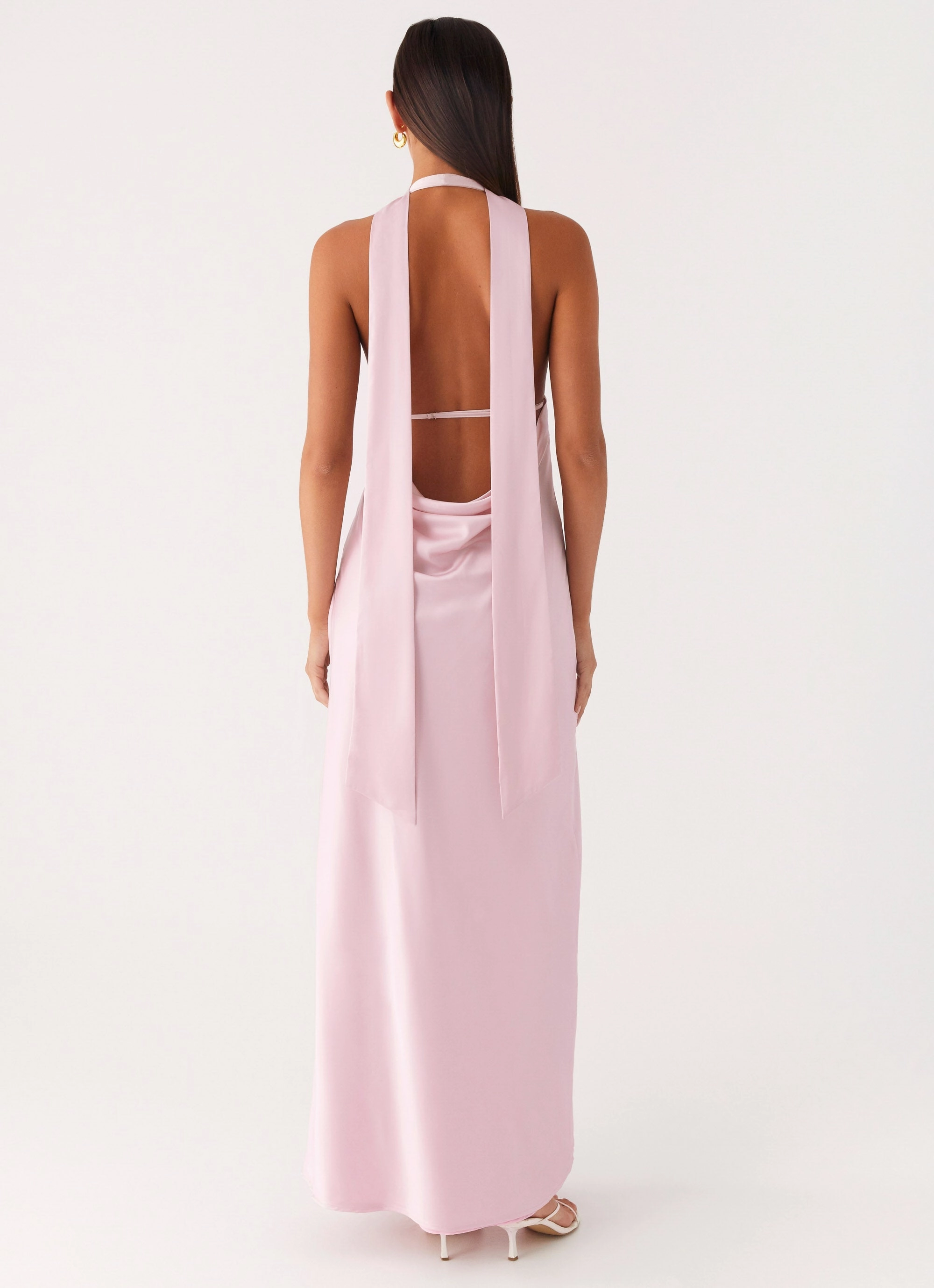 Alicia Satin Halter Maxi Dress - Baby Pink Trendy midi dress summer breeze