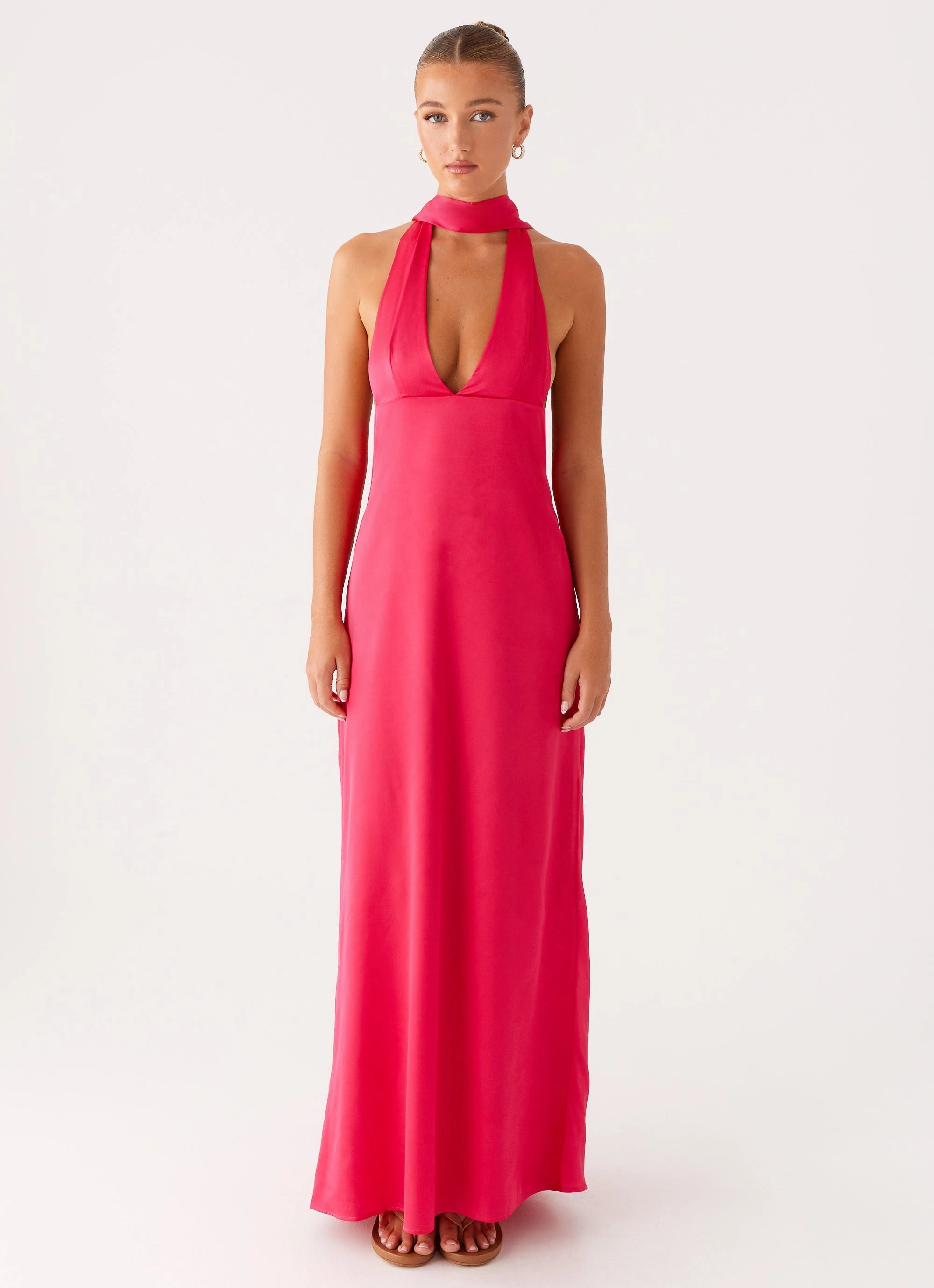 Alicia Satin Halter Maxi Dress - Fuchsia Collared Dark Tones