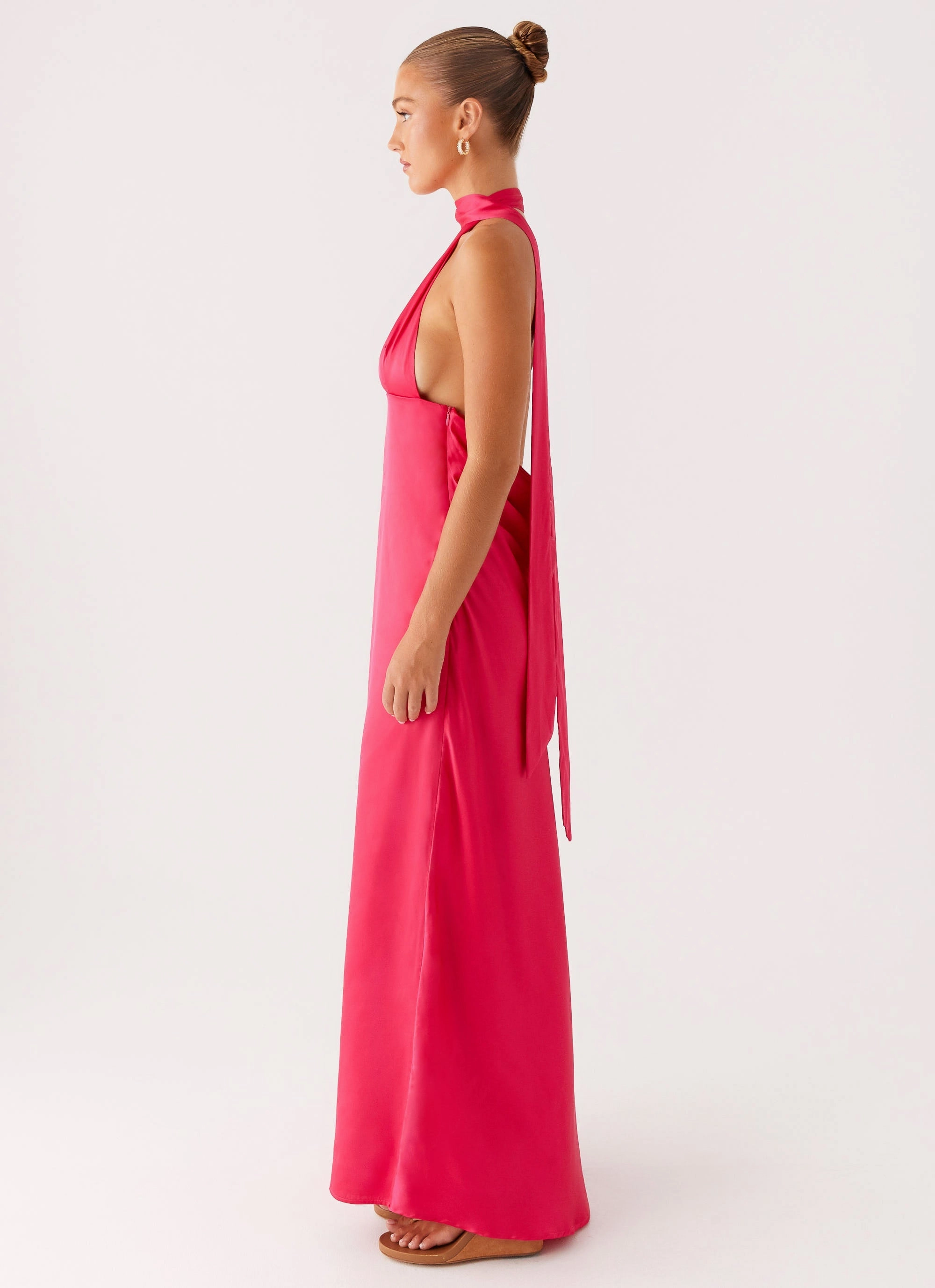 Sculpted Detail Alicia Satin Halter Maxi Dress - Fuchsia