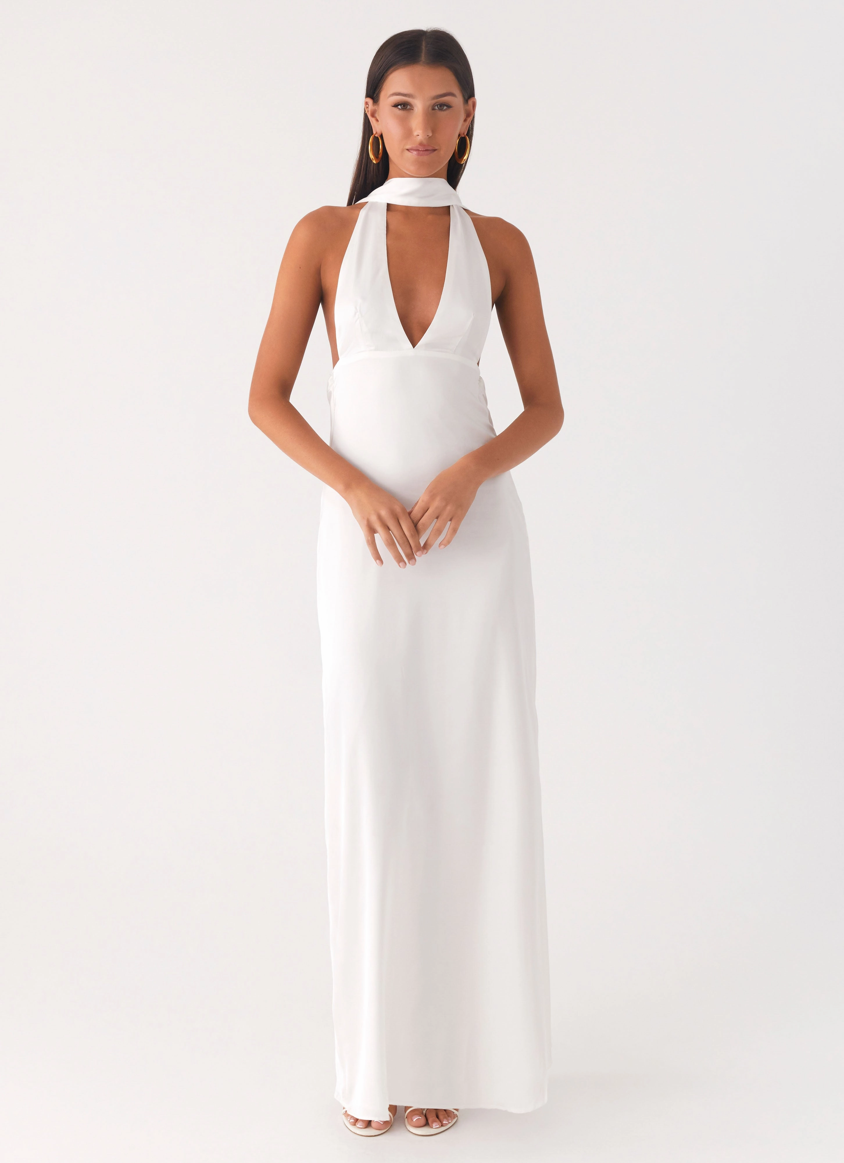 Alicia Satin Halter Maxi Dress - White Comfortable fit dress for all body types