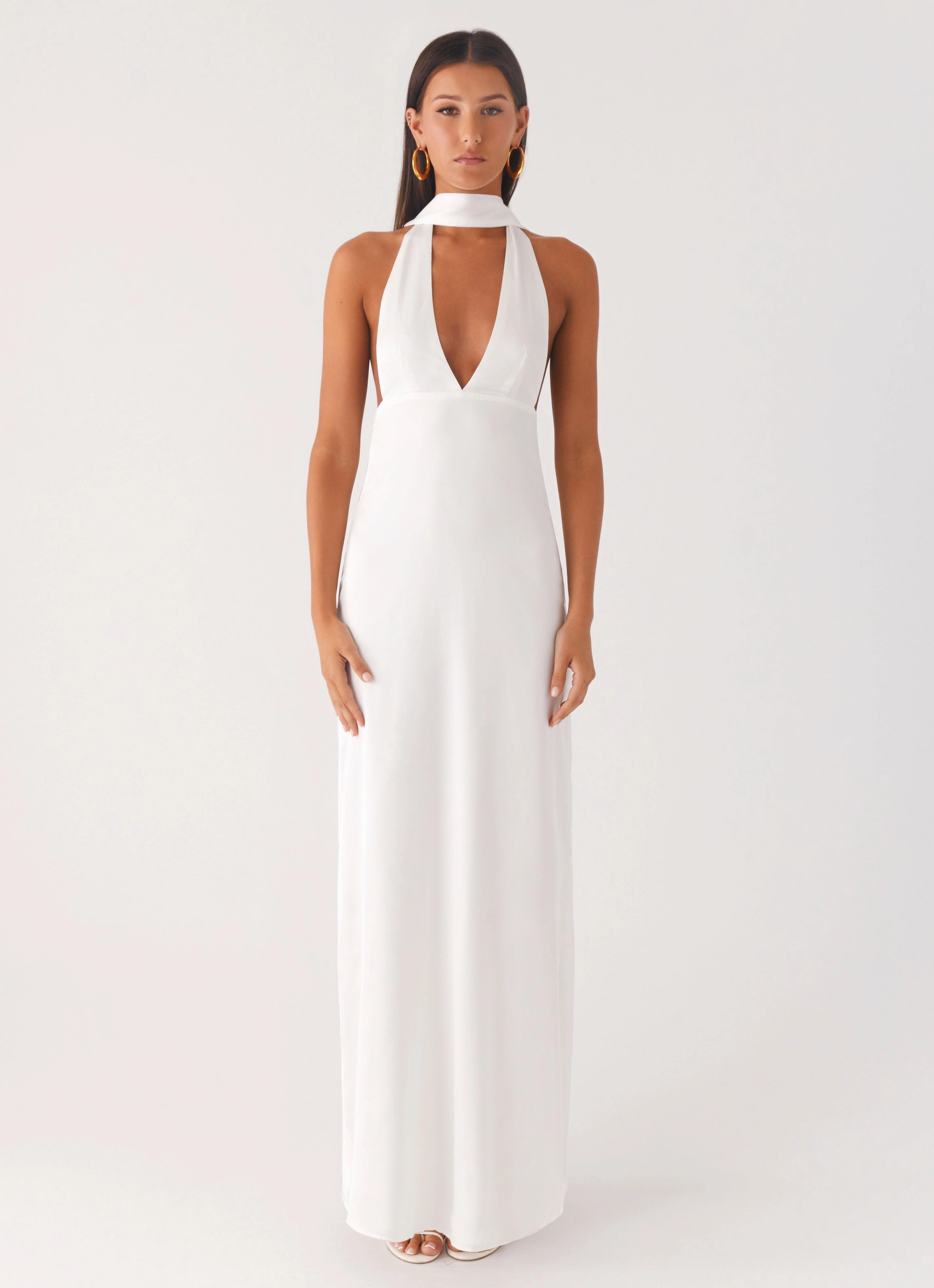 Alicia Satin Halter Maxi Dress - White Bare Arm