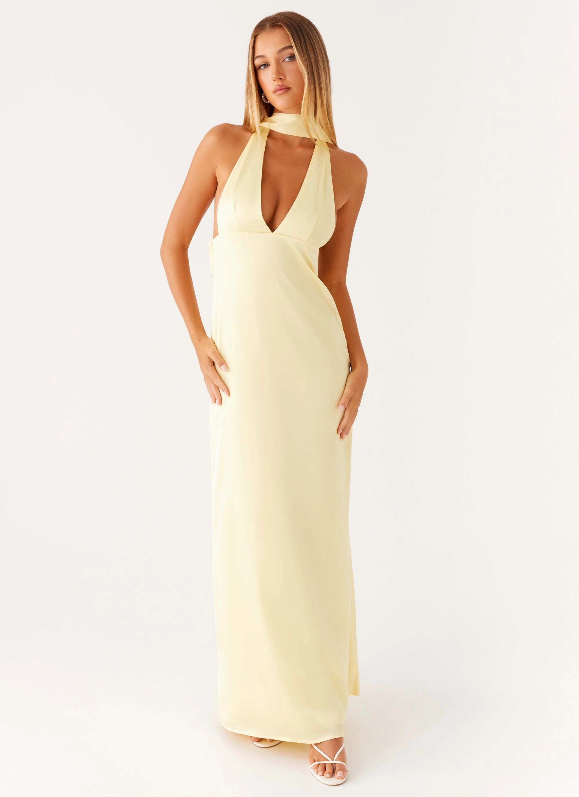 Adjustable Straps Fresh Motion Alicia Satin Halter Maxi Dress - Yellow