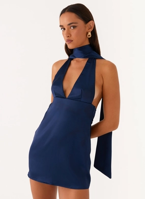 Alicia Satin Halter Mini Dress - Navy Elegant Vibe Cool Undertone
