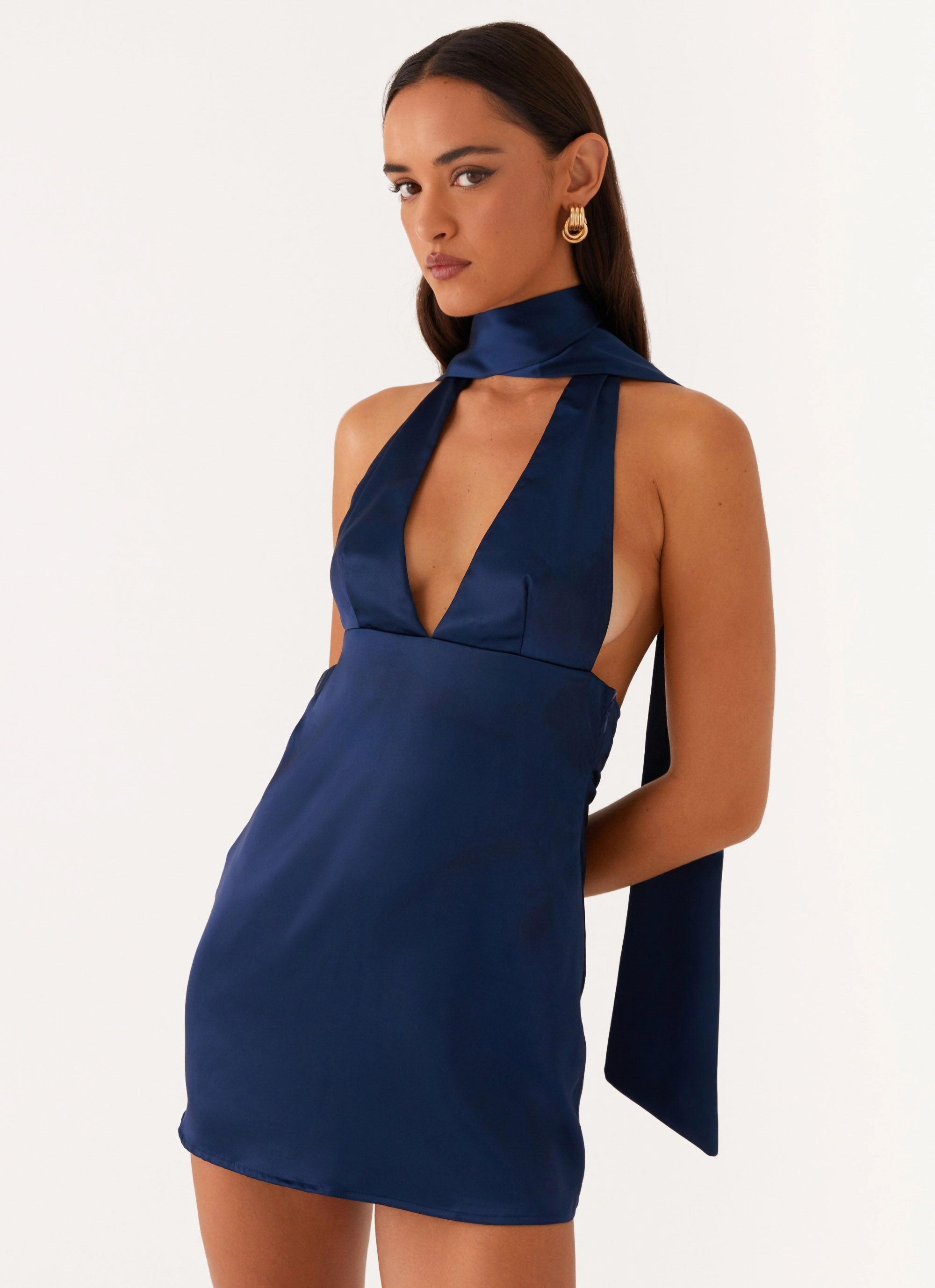 Alicia Satin Halter Mini Dress - Navy Elegant Vibe Cool Undertone