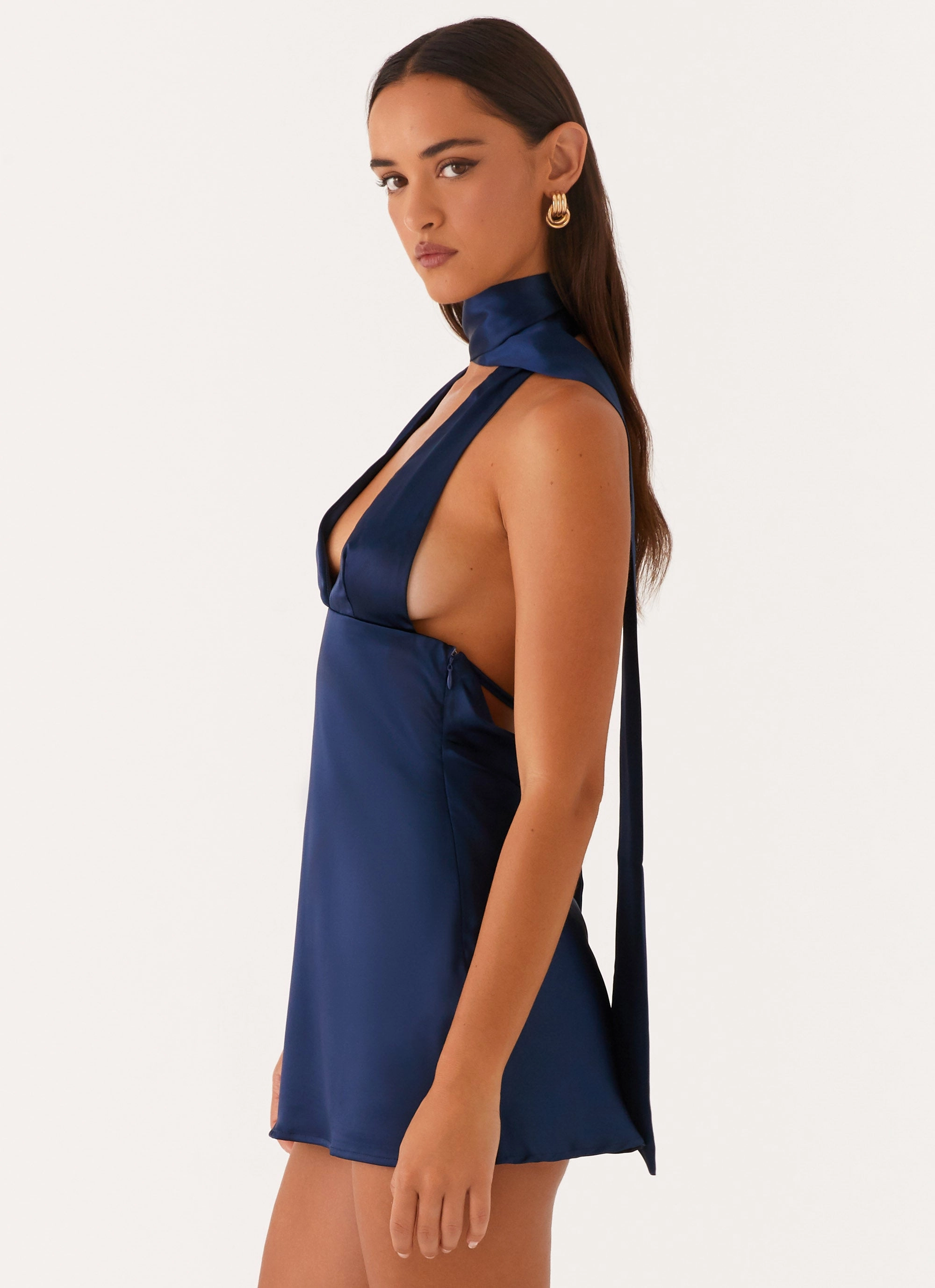 Chic Rhythm WideCollarDesign Alicia Satin Halter Mini Dress - Navy
