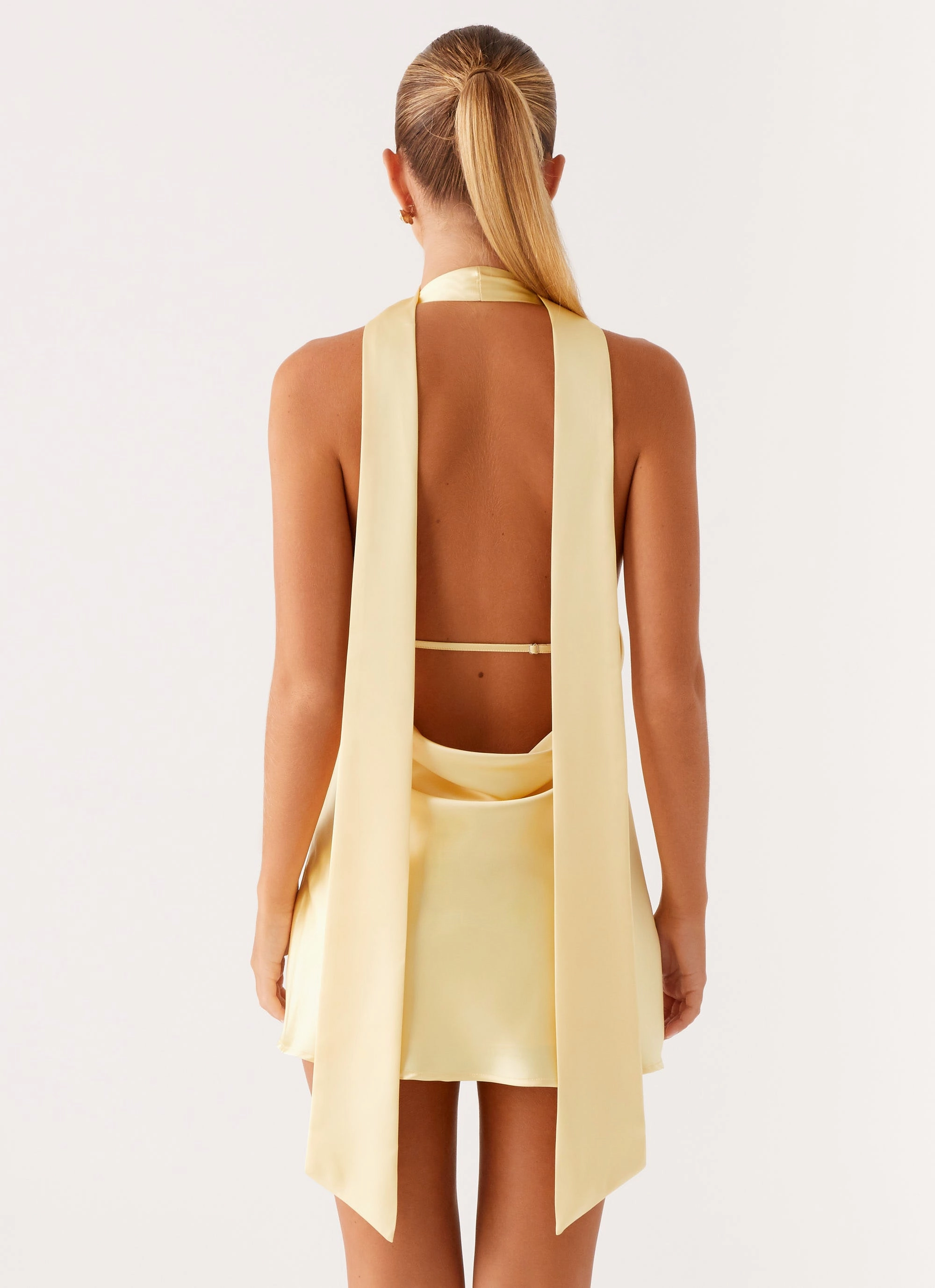 Simple Bow Alicia Satin Halter Mini Dress - Pastel Yellow