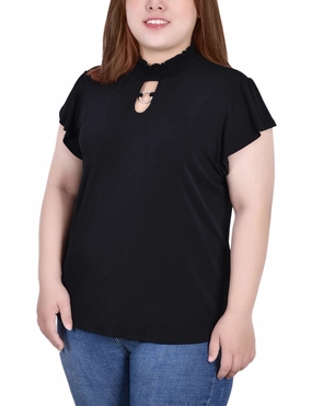 Plus Size Short Flutter Sleeve Mock Neck Top Breathable back panel Street Style