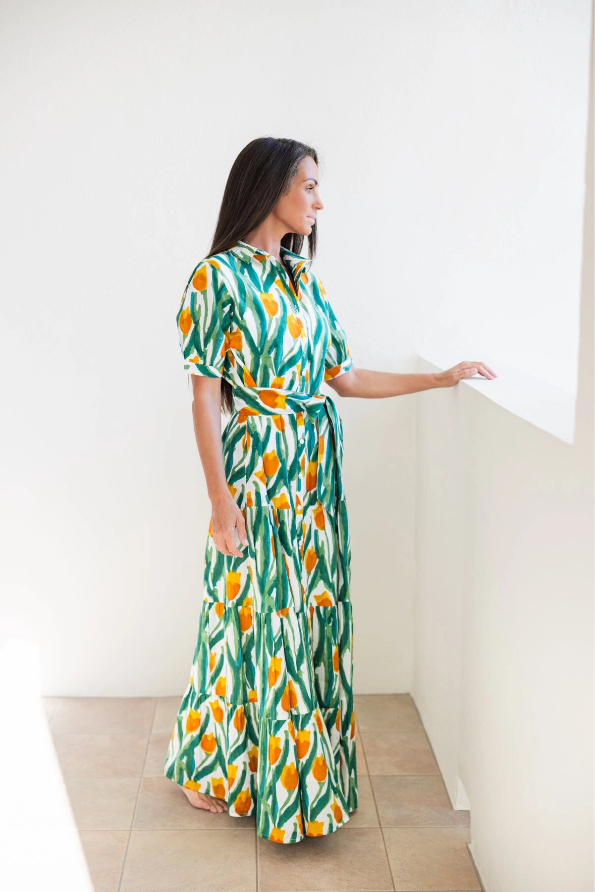 Sheer Panel Hampton Dress Yellow Tulips